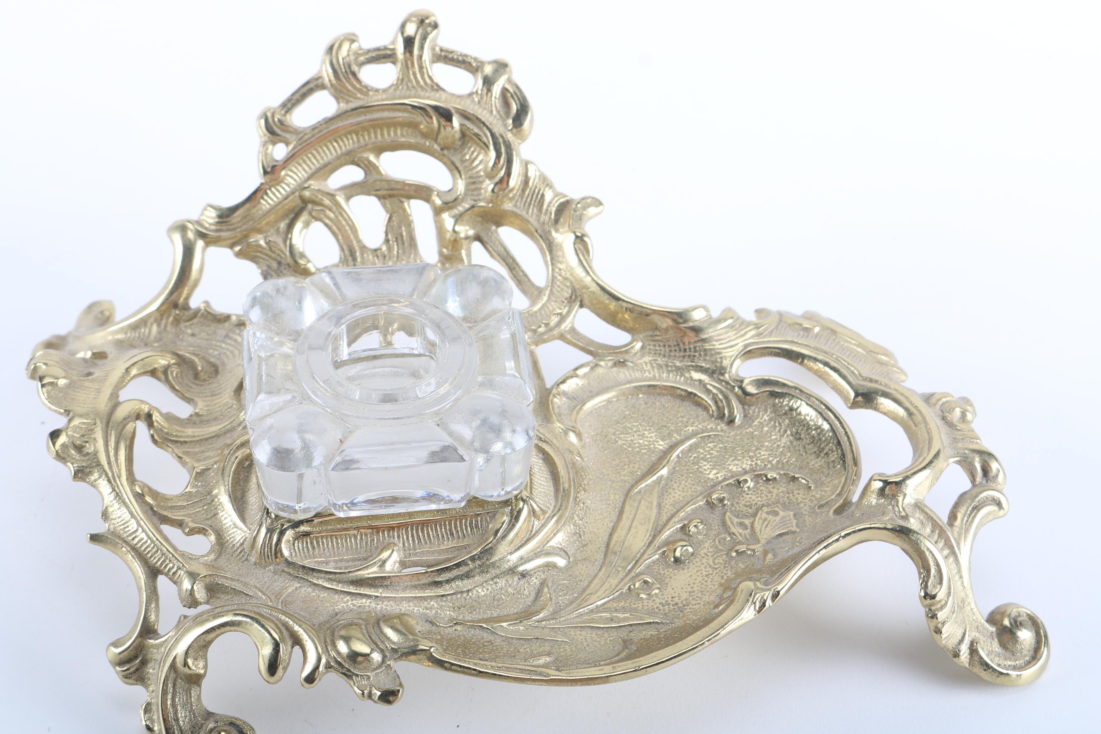 Glass Inkwell With Ornate Brass Stand