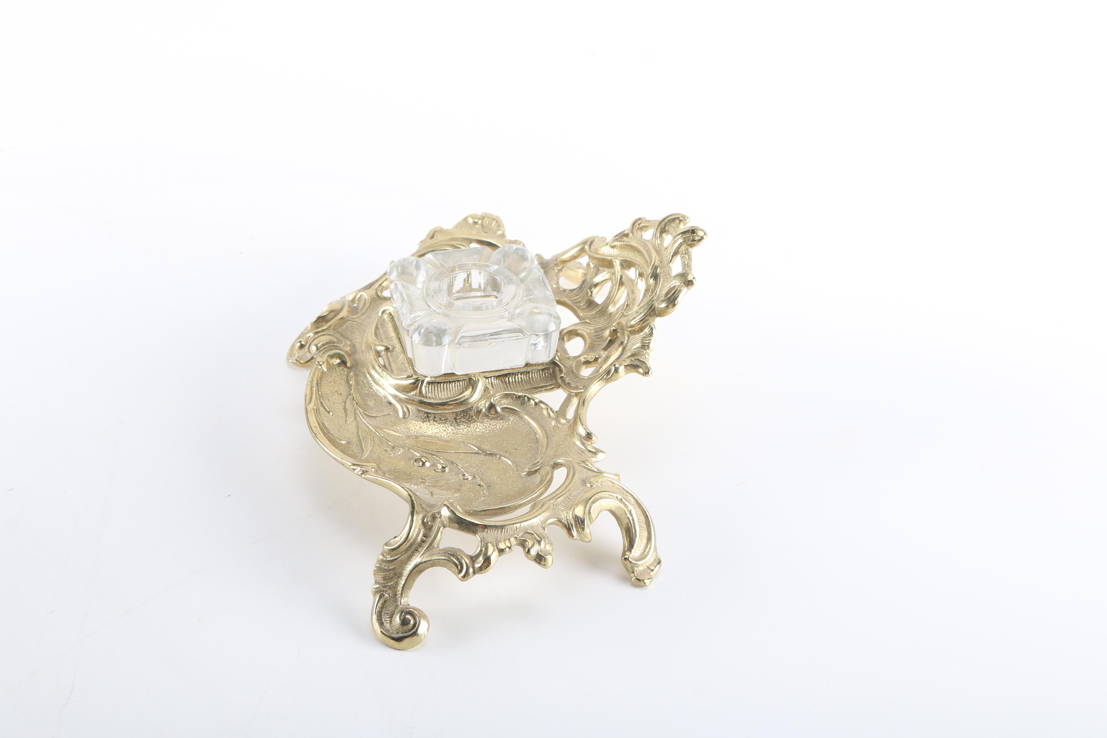 Glass Inkwell With Ornate Brass Stand