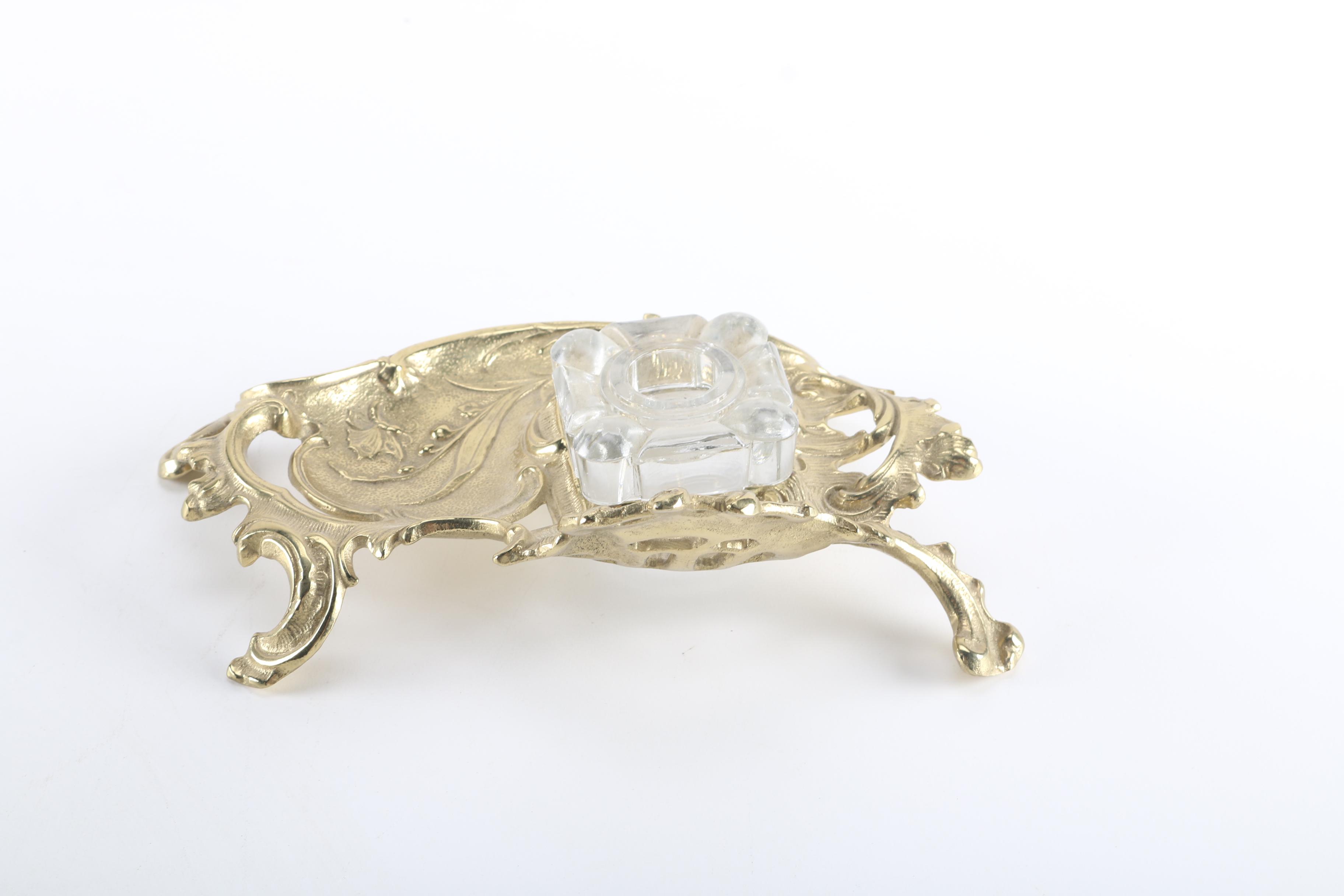 Glass Inkwell With Ornate Brass Stand