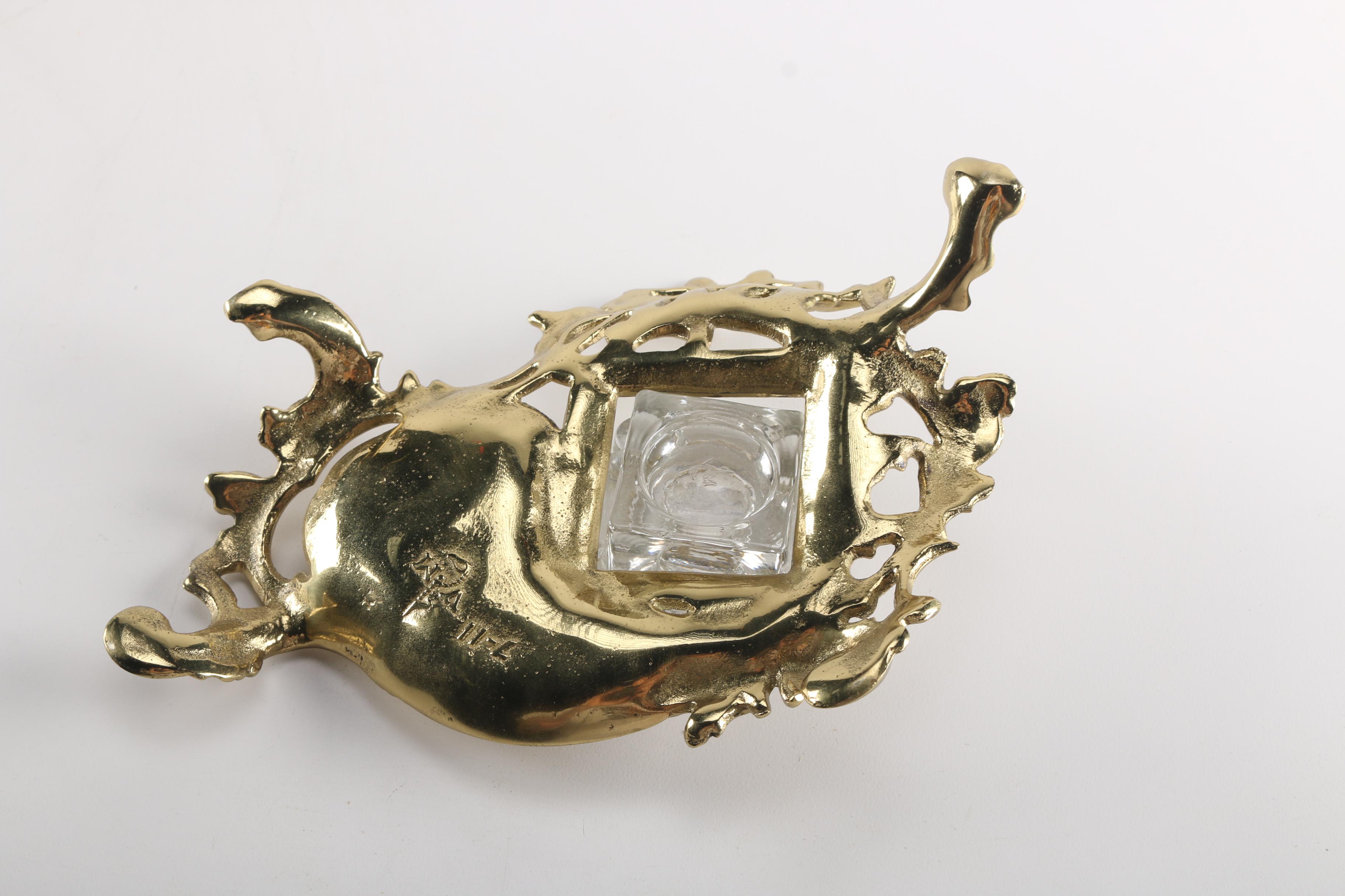 Glass Inkwell With Ornate Brass Stand