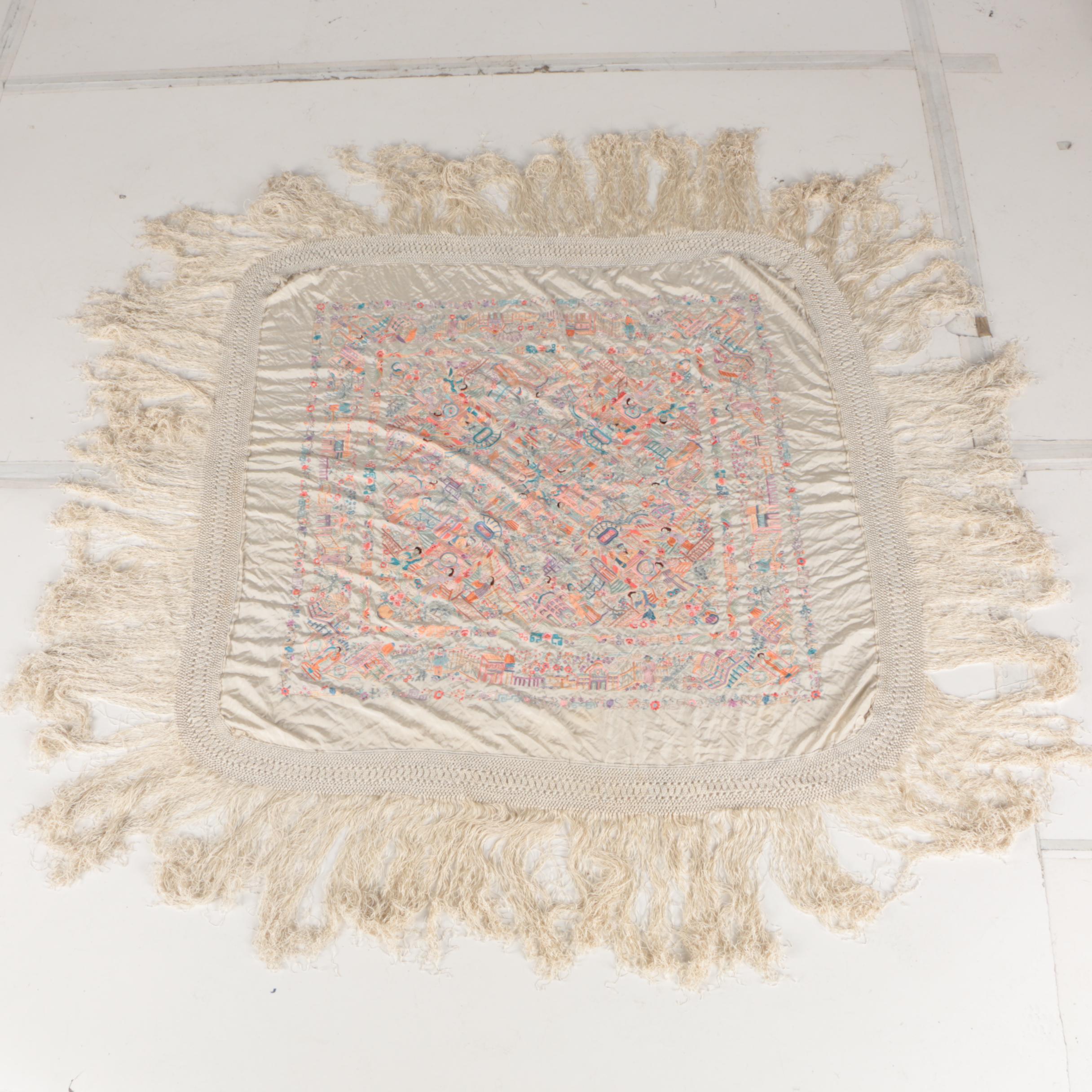 Chinese Embroidered Linen Fringed Shawl