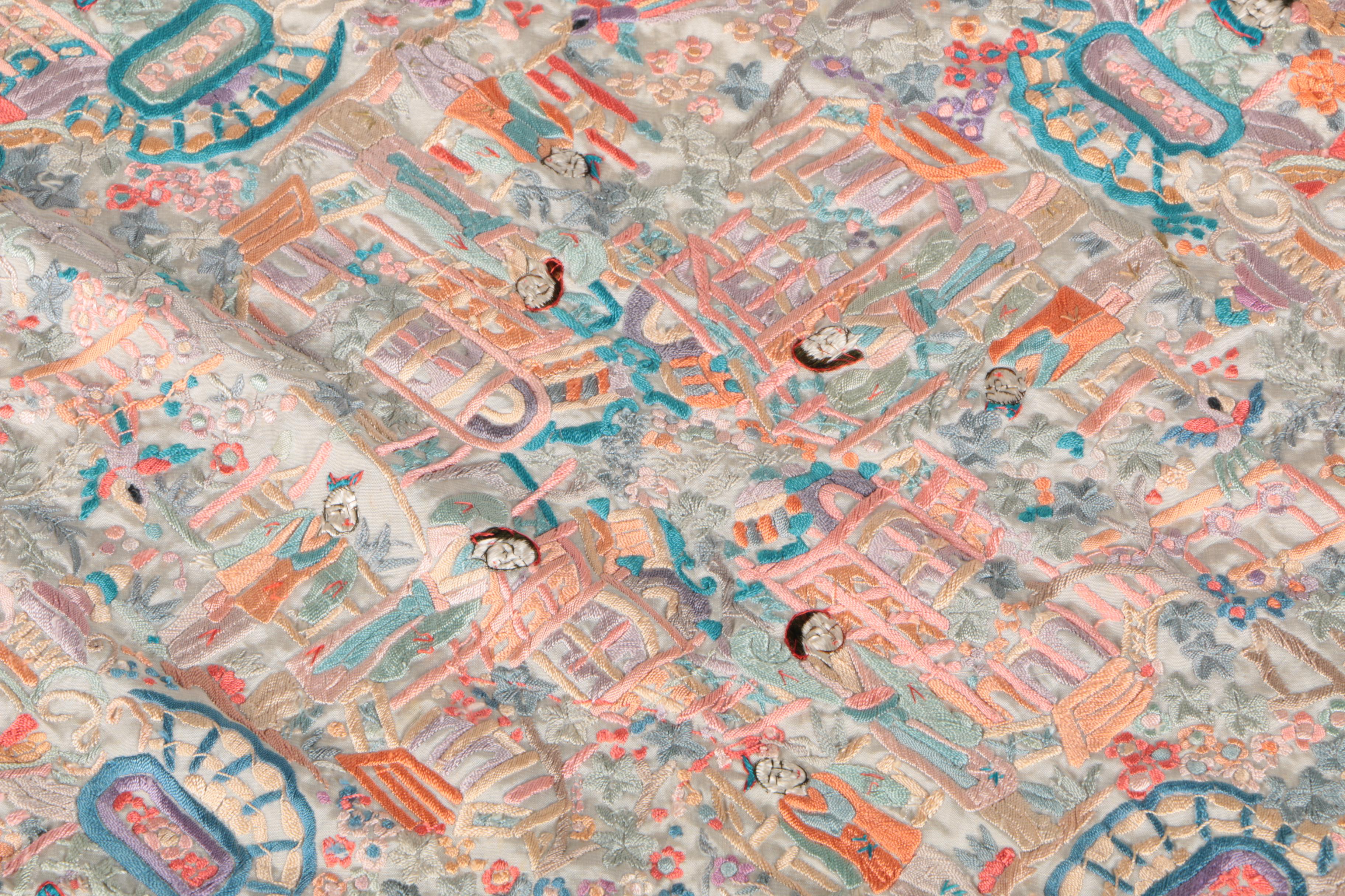 Chinese Embroidered Linen Fringed Shawl