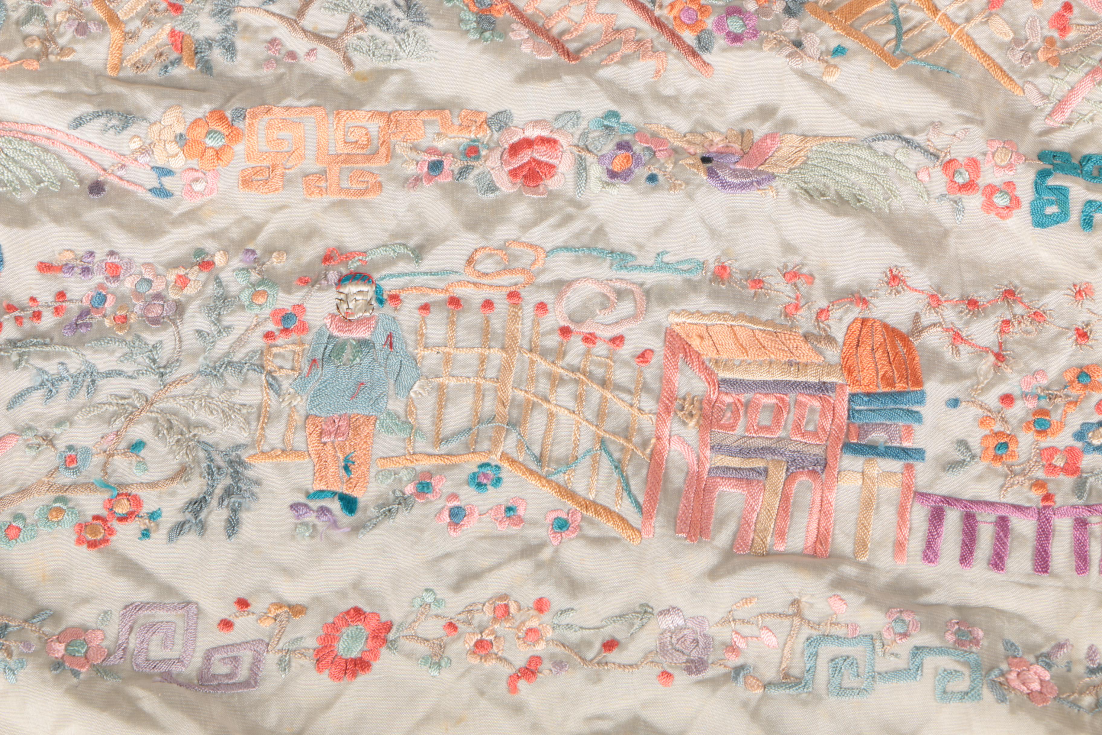 Chinese Embroidered Linen Fringed Shawl