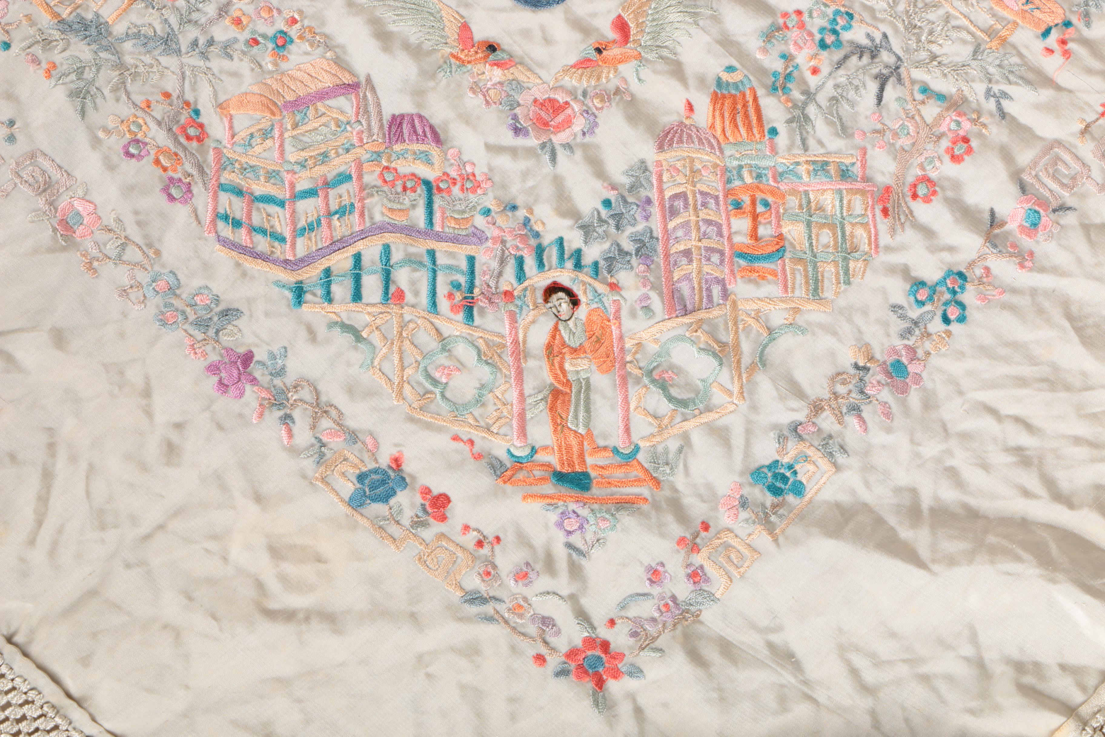 Chinese Embroidered Linen Fringed Shawl