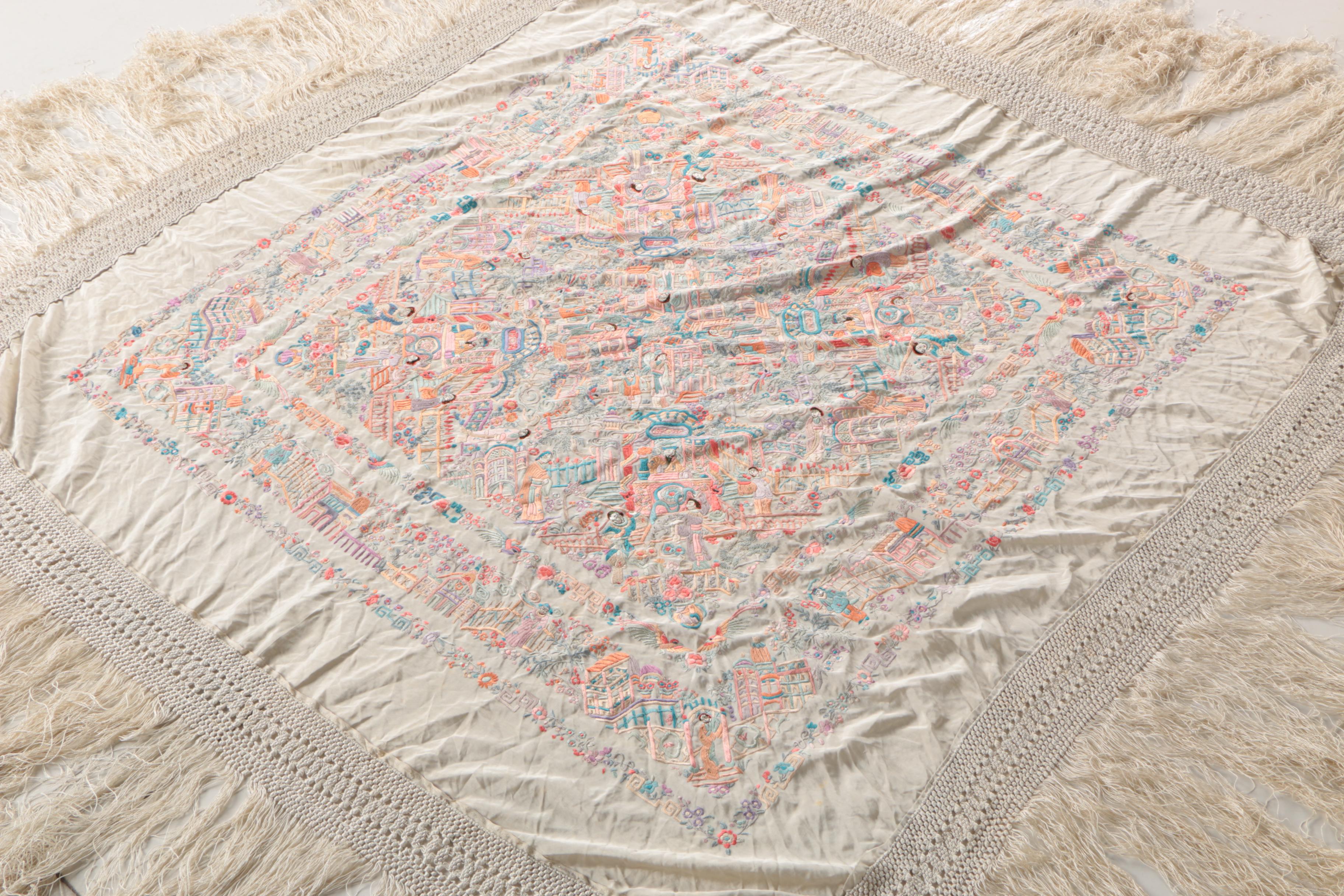 Chinese Embroidered Linen Fringed Shawl