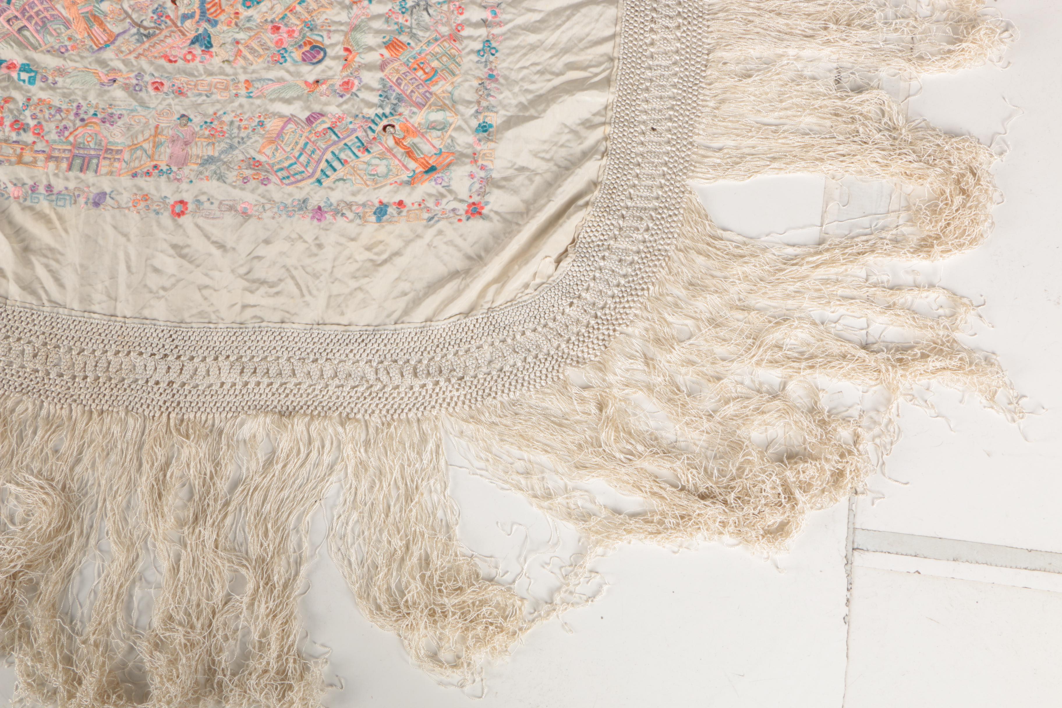 Chinese Embroidered Linen Fringed Shawl