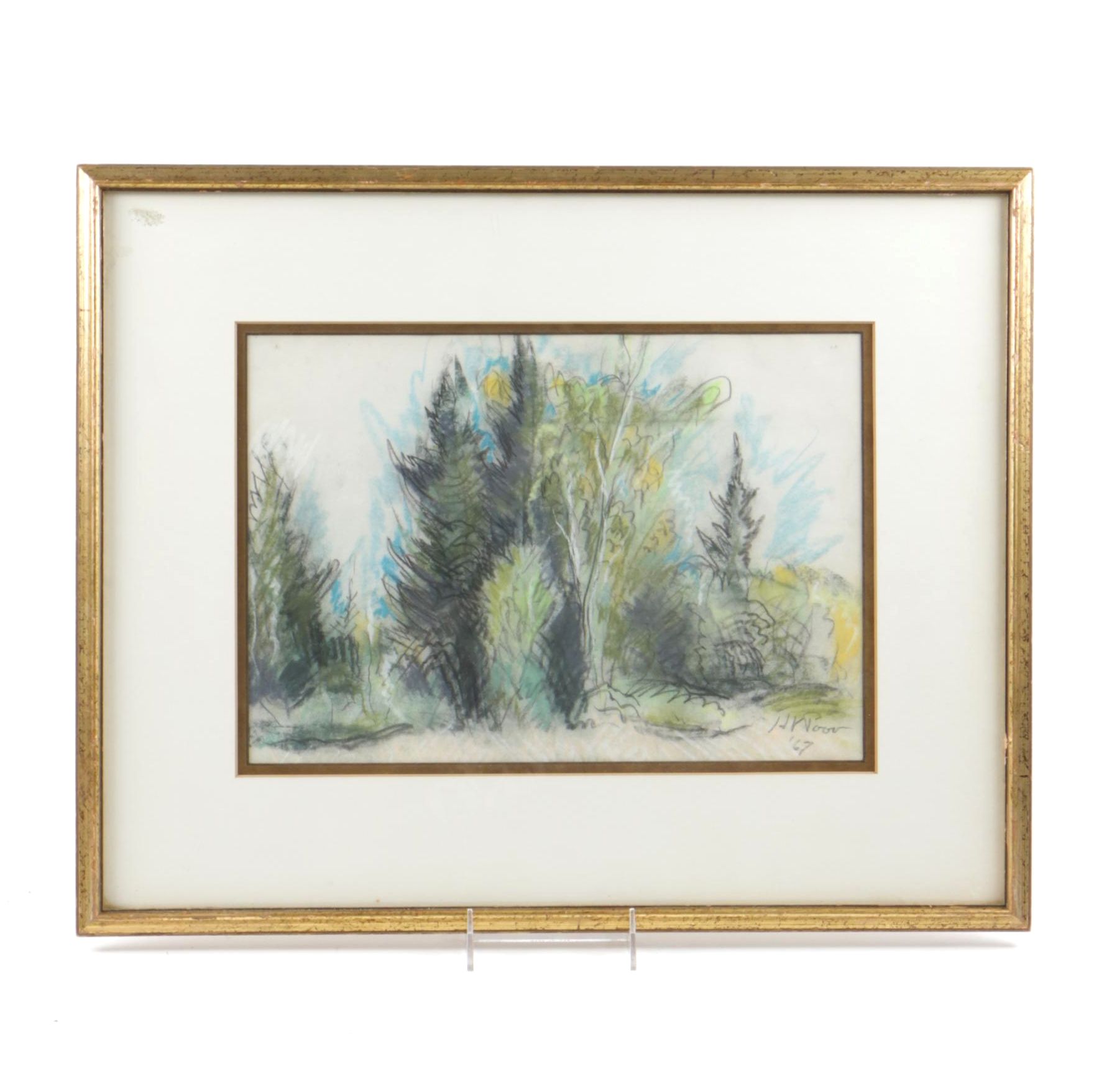 1967 Henry Varnum Poor Oil Pastel of a Treeline