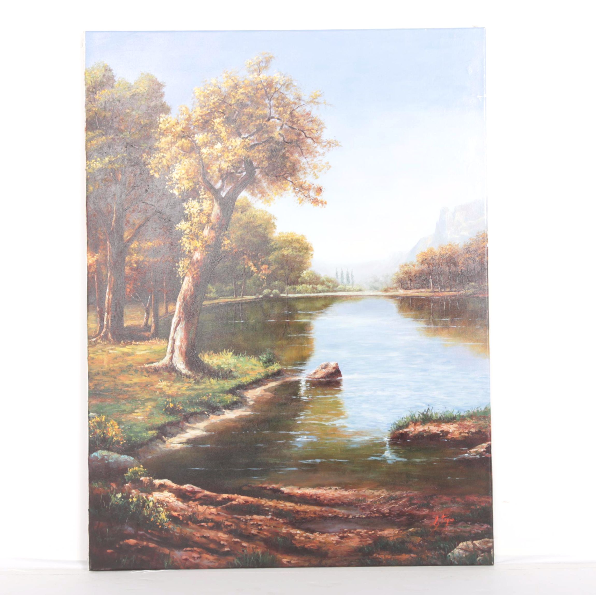 E. Tapia Signed Oil Painting on Canvas of Lake