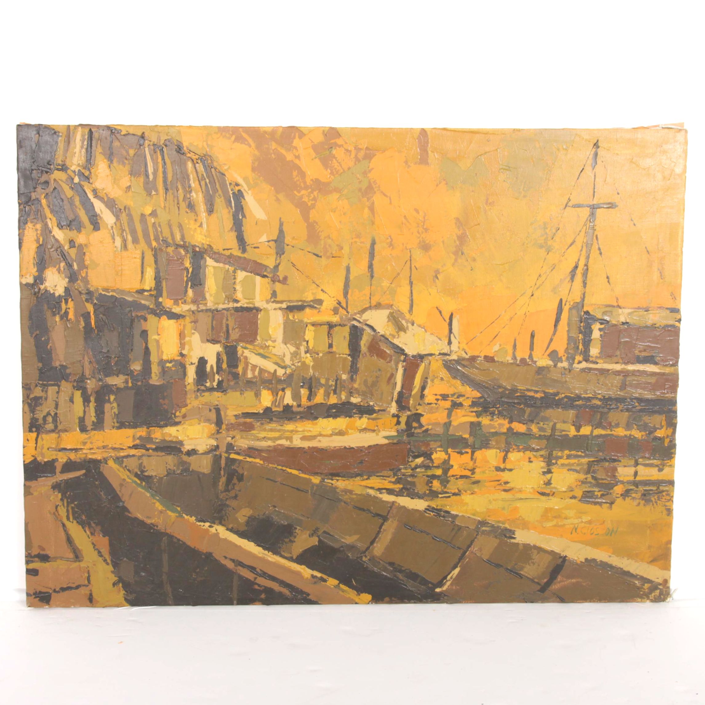 N. Closson Original Oil Painting of a Pier