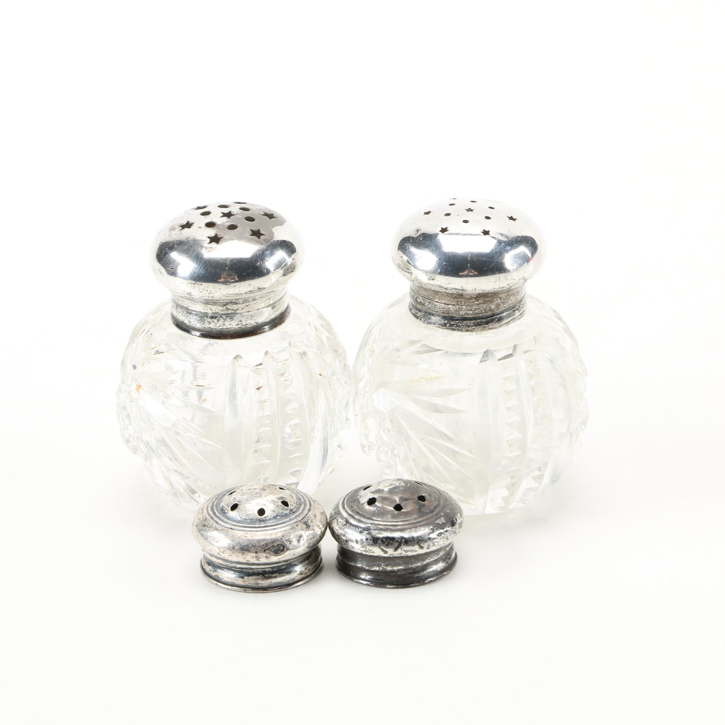 Crystal Salt and Pepper Shakers With Sterling Lids