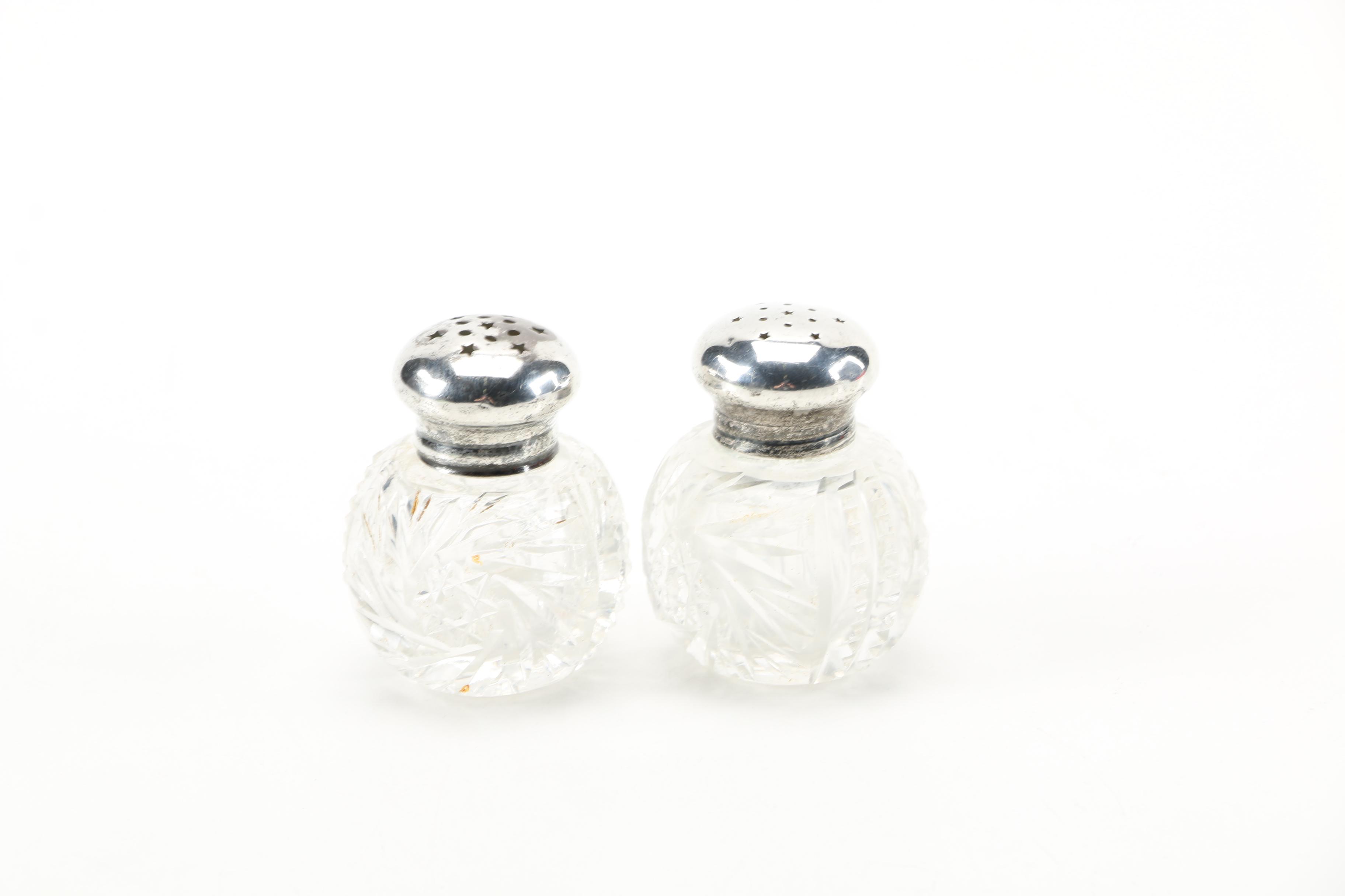 Crystal Salt and Pepper Shakers With Sterling Lids