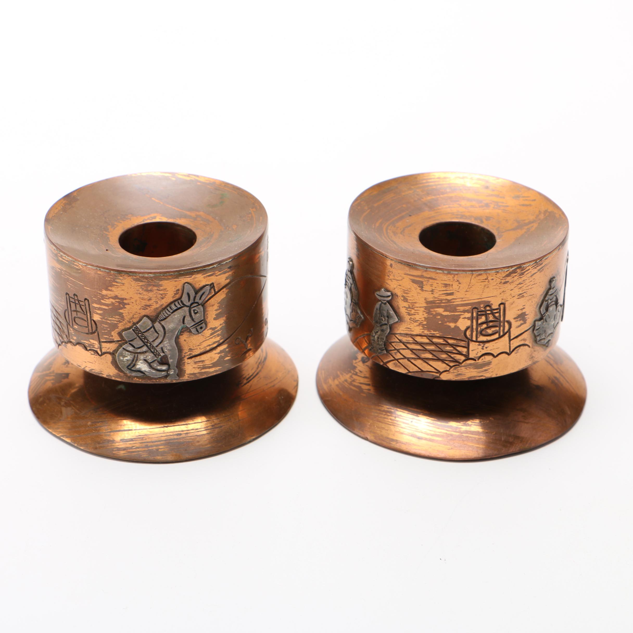 Circa 1940-1958 Victoria Taxco Copper and Silver Candleholders