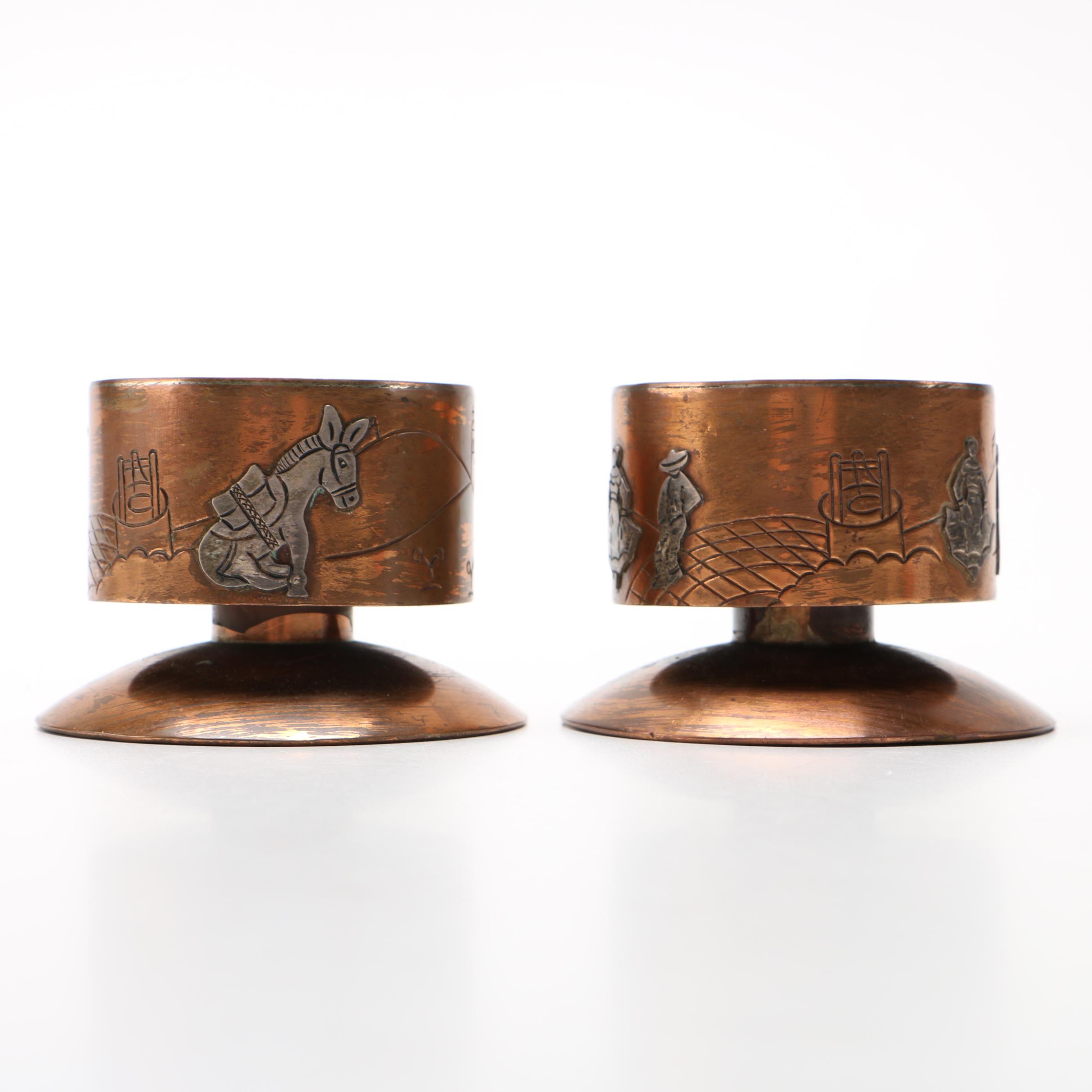 Circa 1940-1958 Victoria Taxco Copper and Silver Candleholders