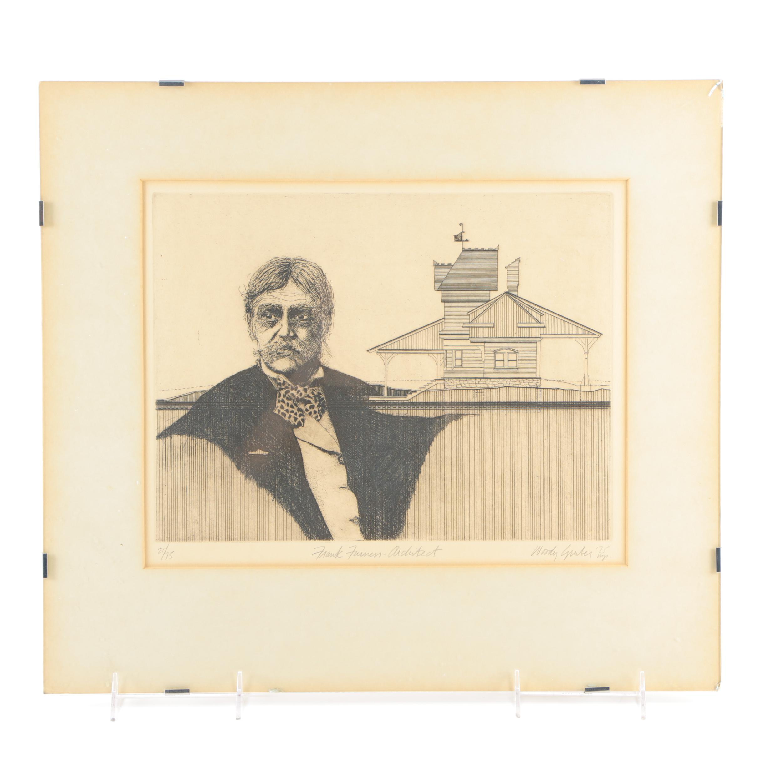 Limited Edition Etching on Paper by Woody Gruber "Frank Furness- Architect"