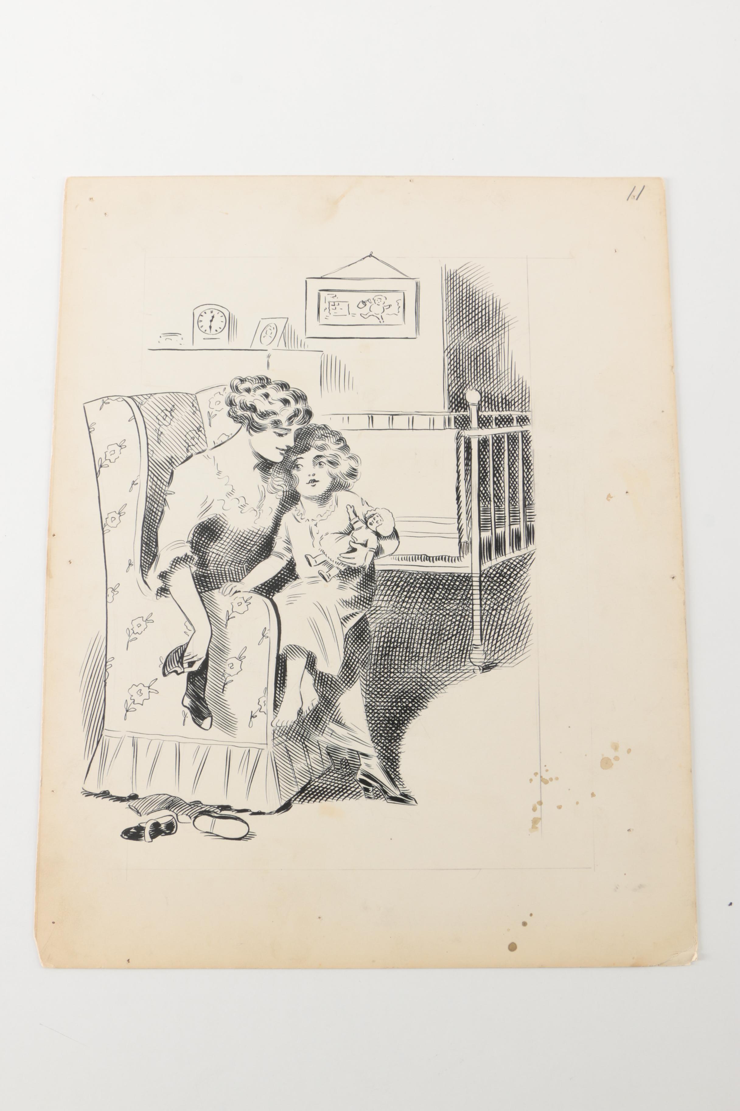 Early 20th Century, Clement Ink and Pencil Illustrations