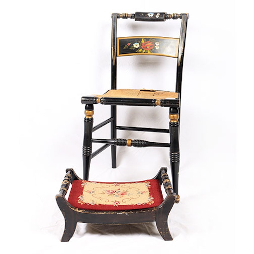 Hitchcock Style Paint-Decorated Side Chair With L. Hitchcock Footstool
