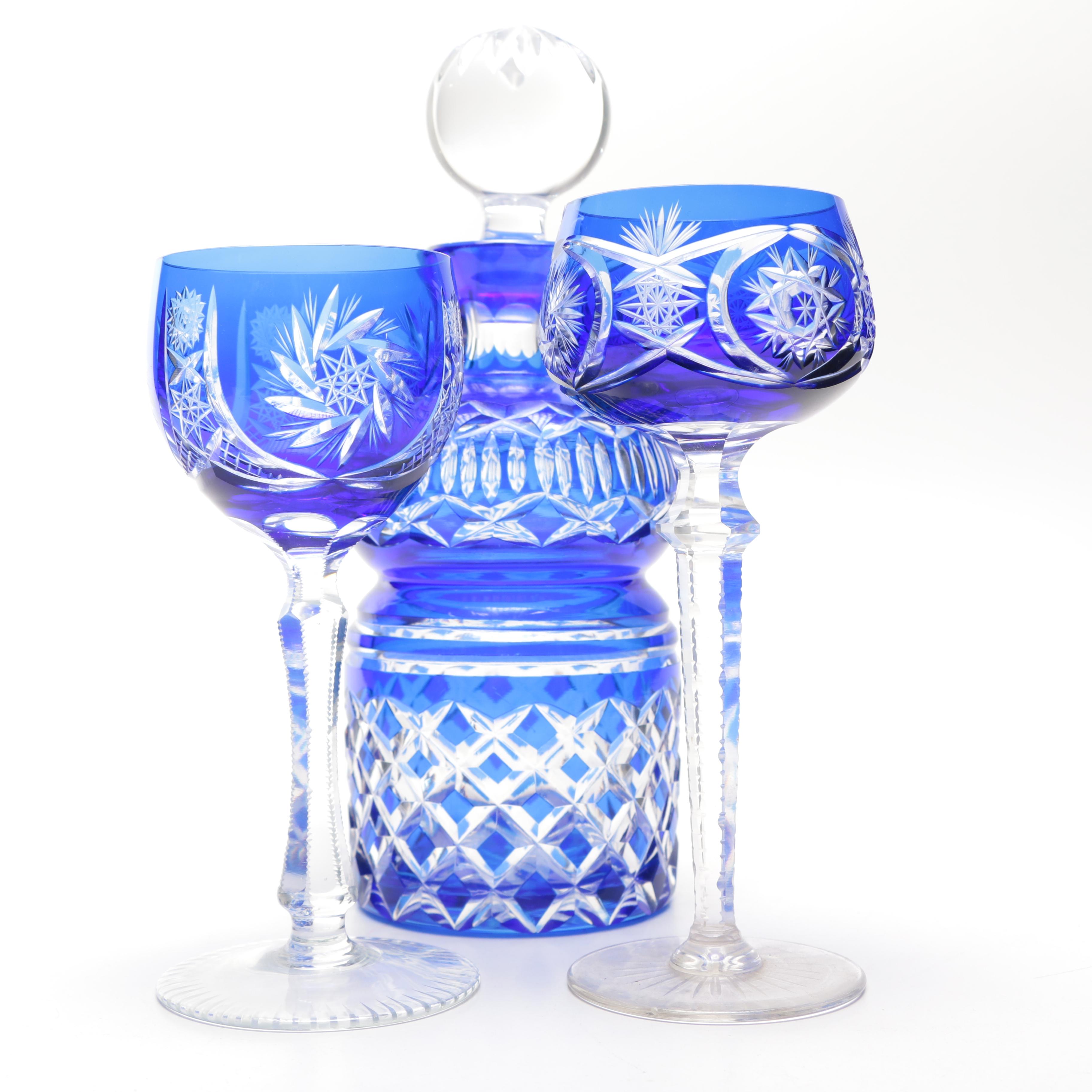 Cobalt Blue Cut Glass Decanter and Glasses