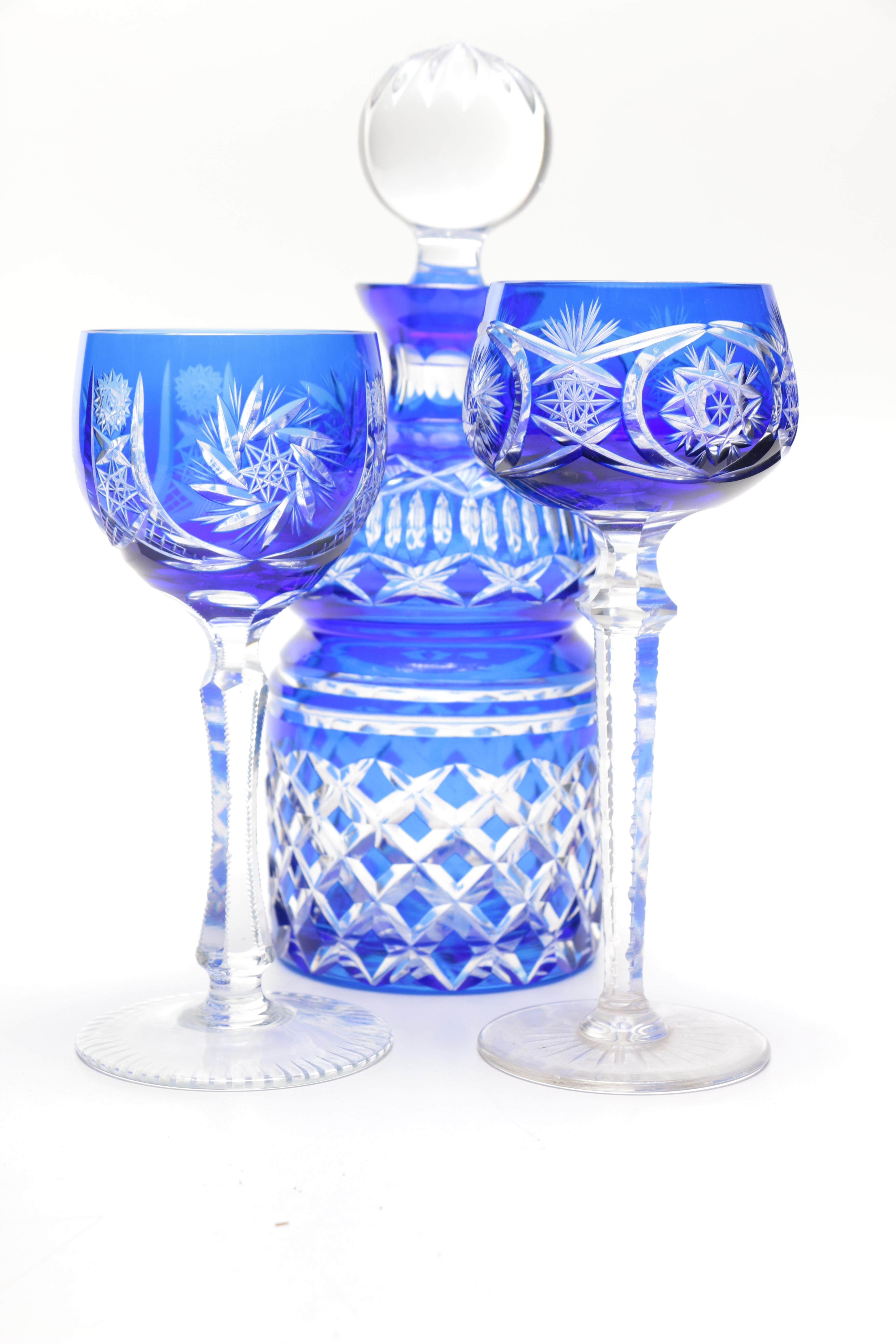 Cobalt Blue Cut Glass Decanter and Glasses