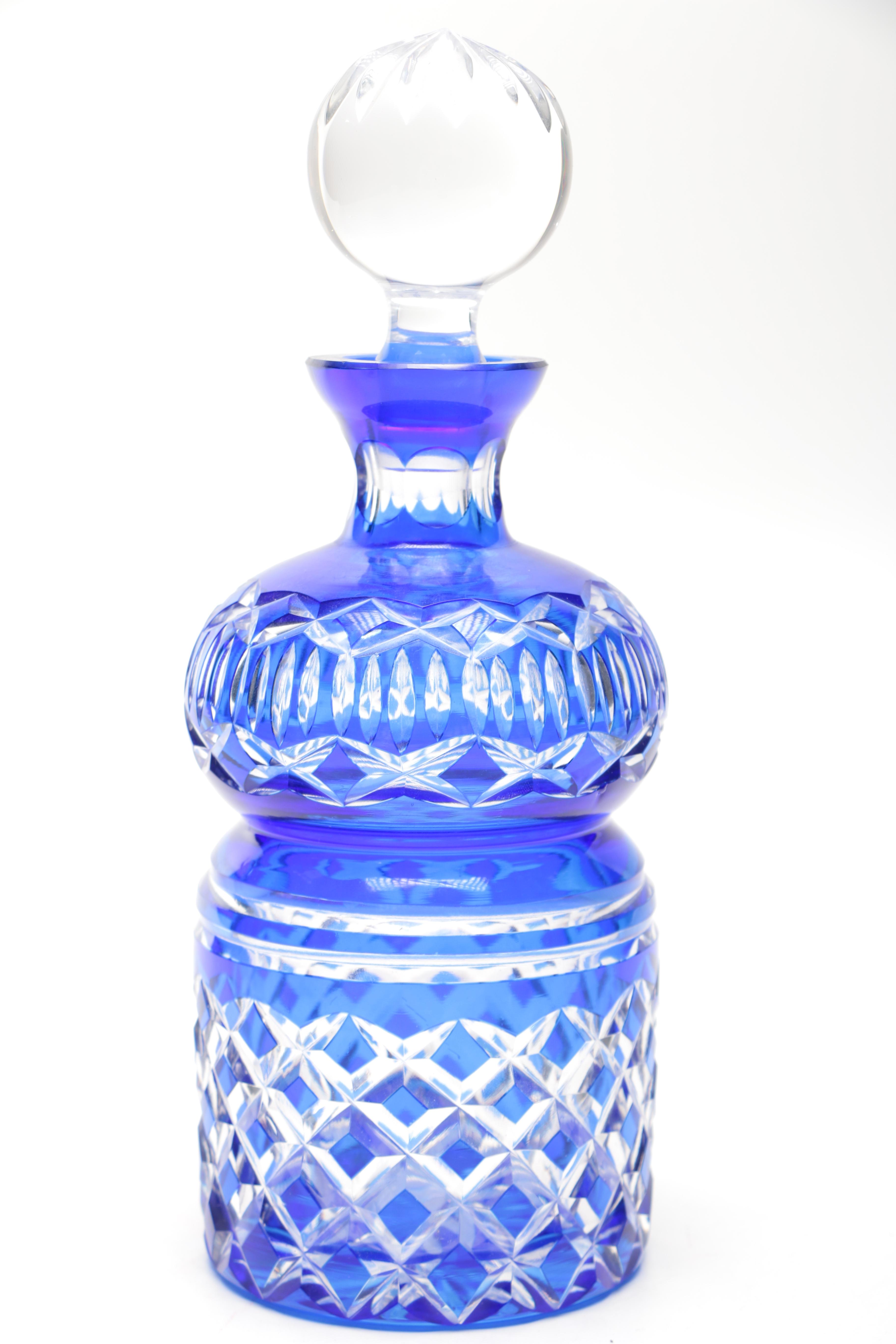 Cobalt Blue Cut Glass Decanter and Glasses