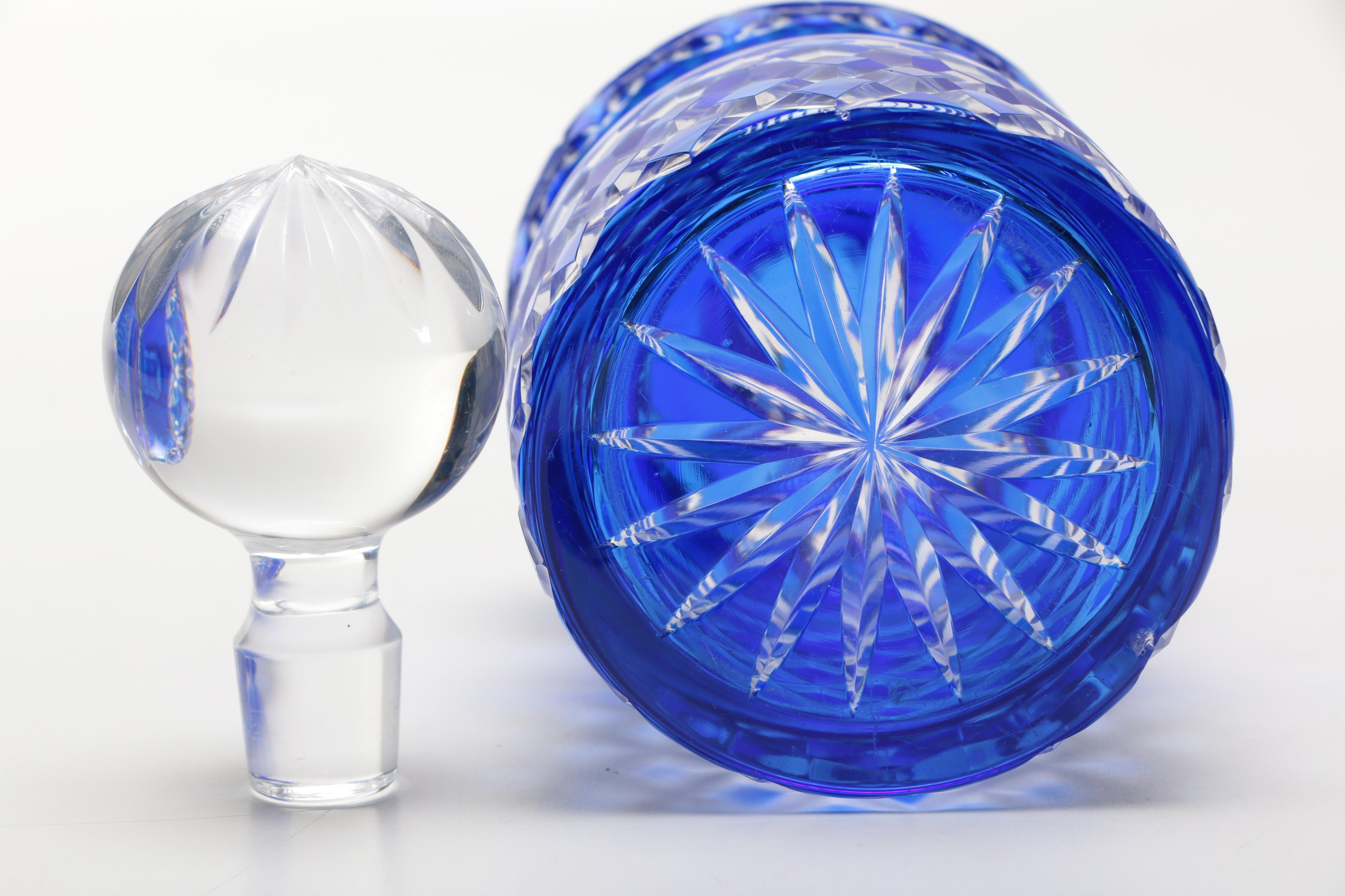 Cobalt Blue Cut Glass Decanter and Glasses