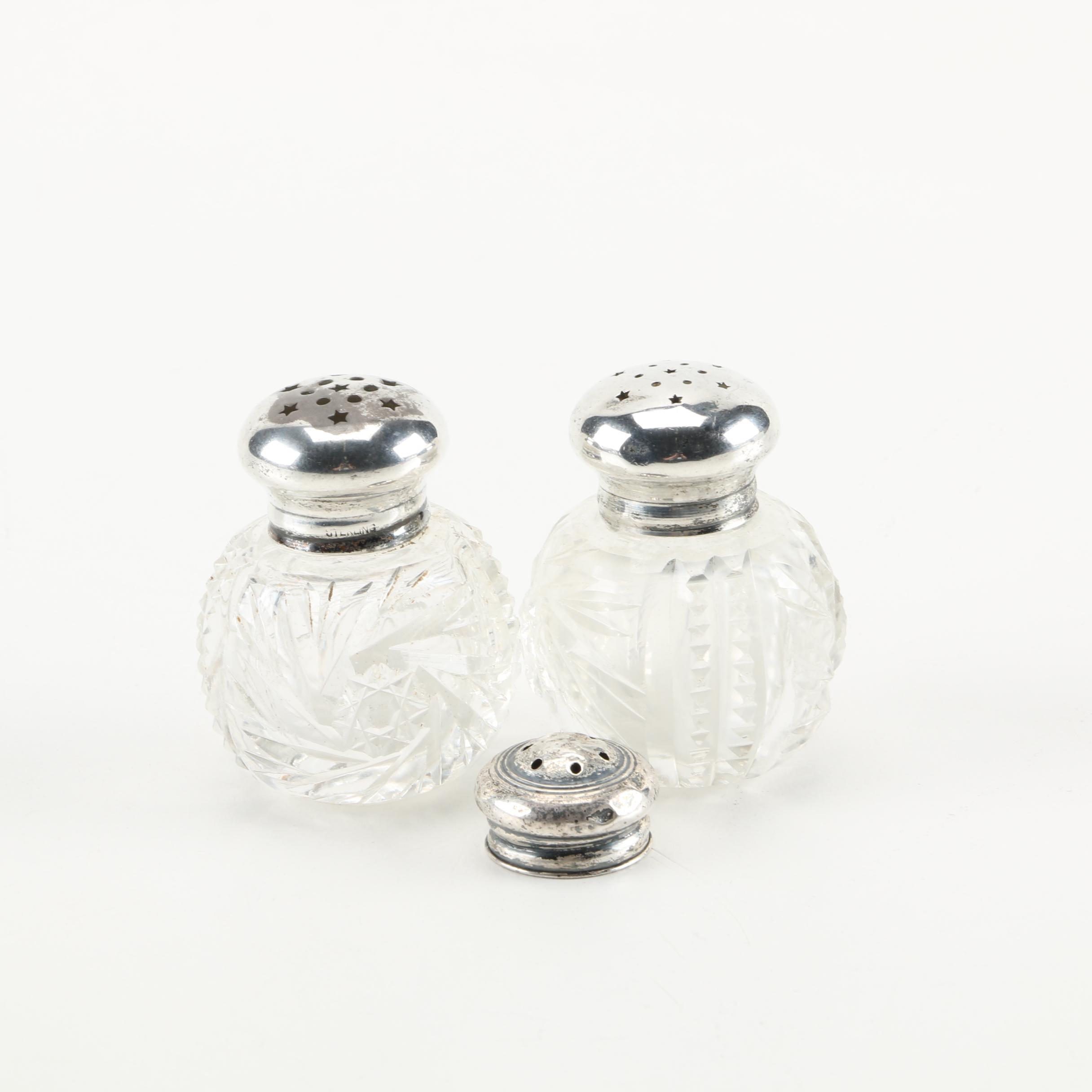 Crystal Salt and Pepper Shakers With Sterling Lids
