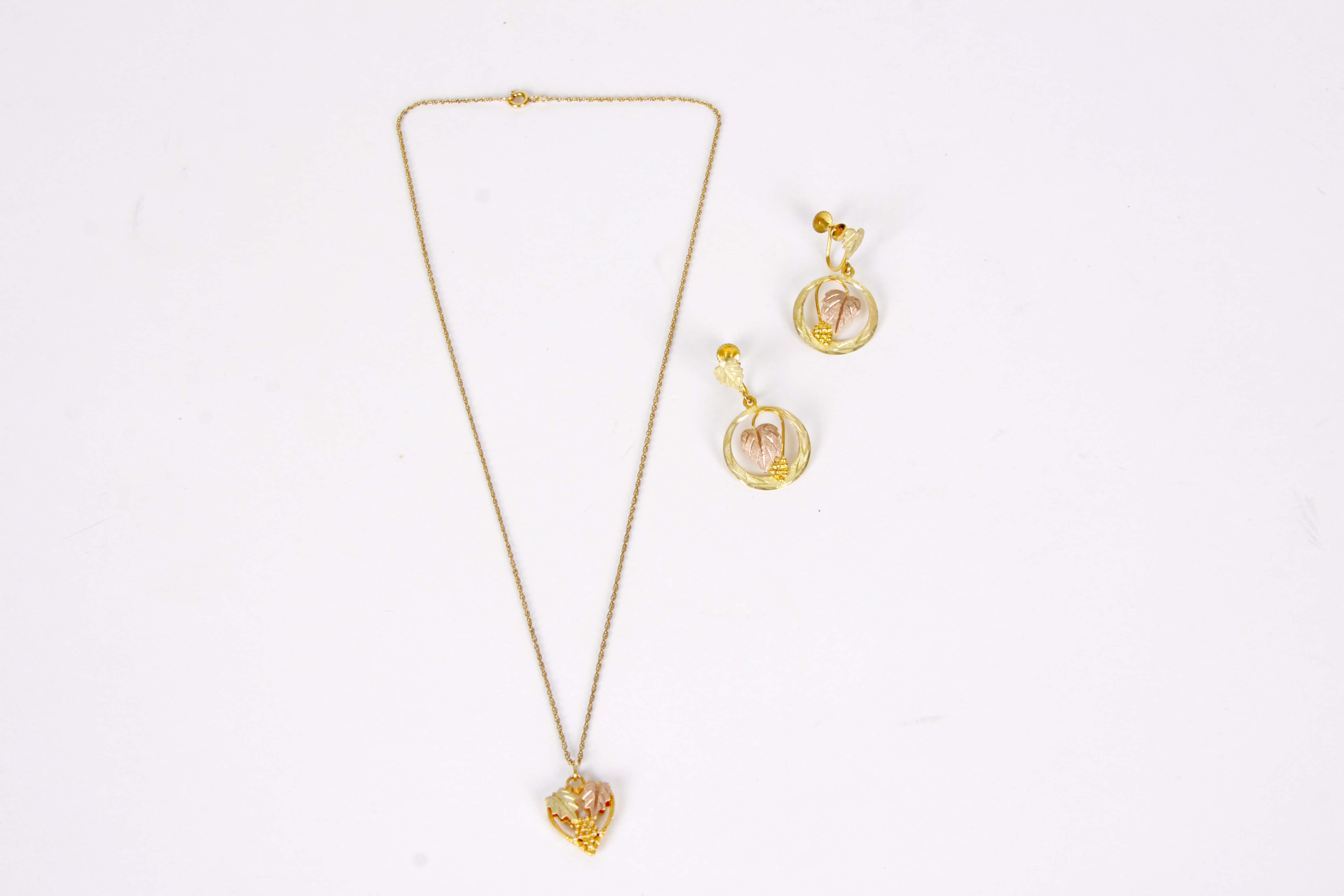10K Black Hills Gold Tri-Color Necklace and Earrings