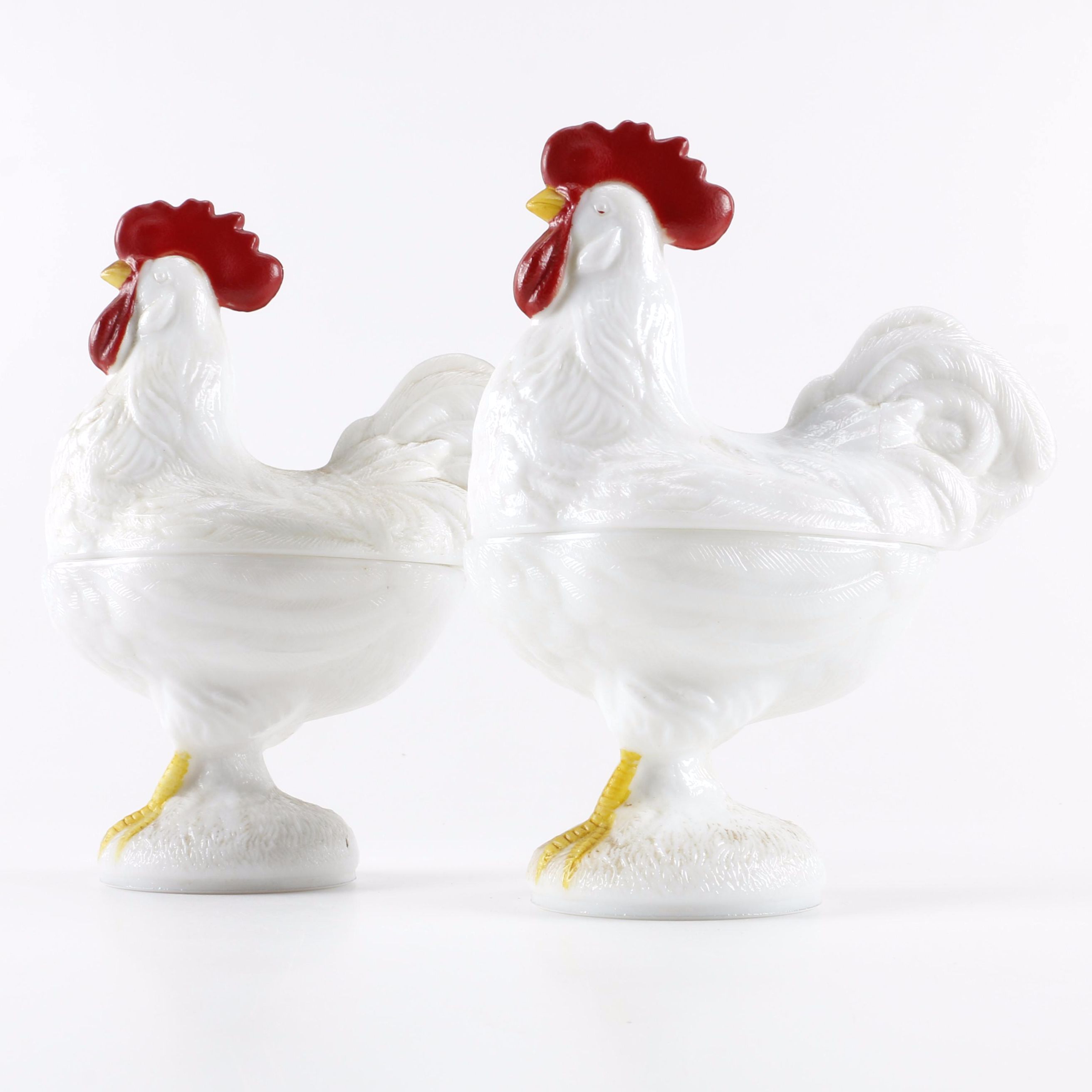 Pair of Vintage Covered Milk Glass Rooster Dishes