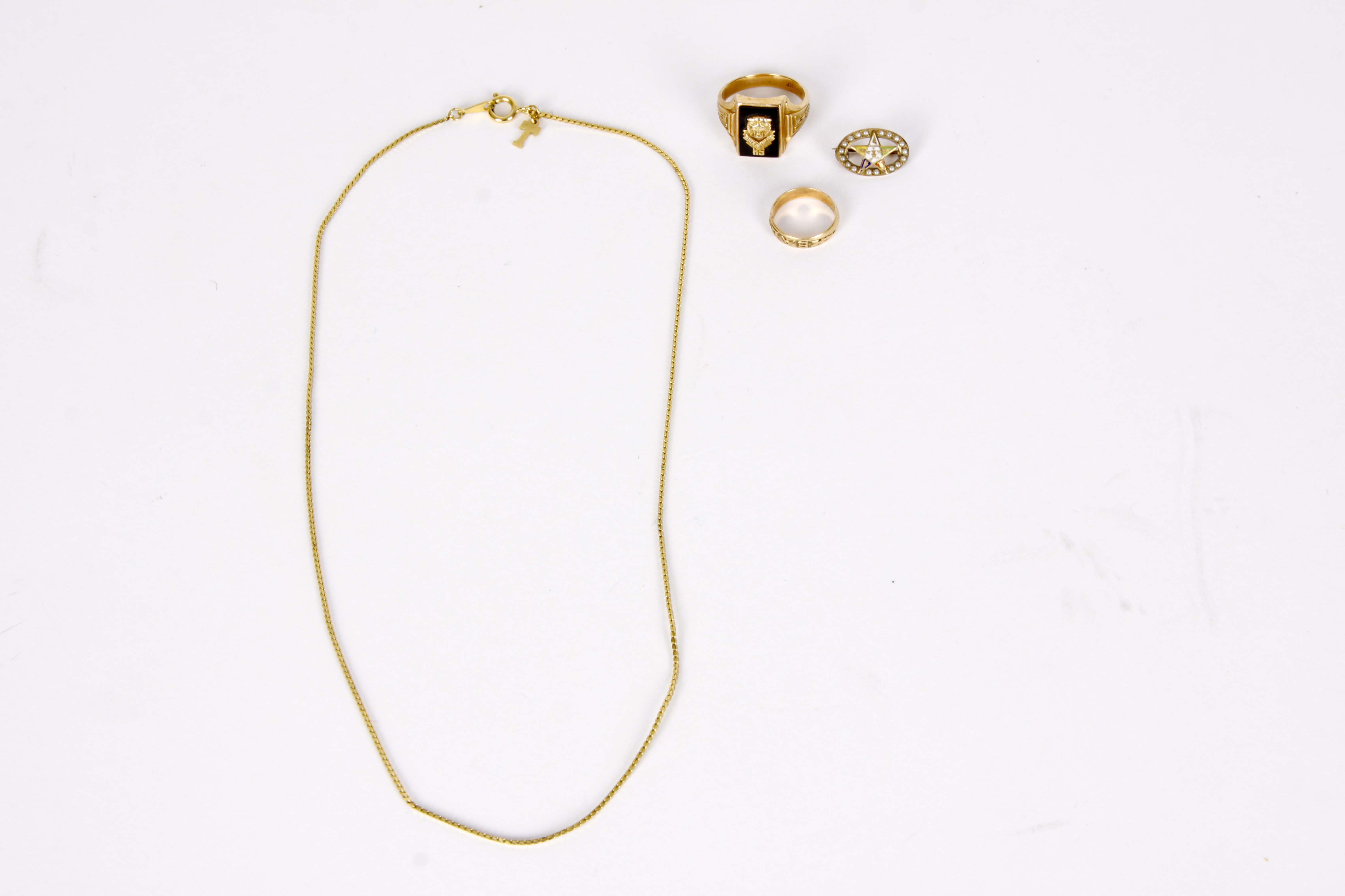 Gold Chain Necklace & Masonic Pin, Jostens Class Ring, Baby Ring
