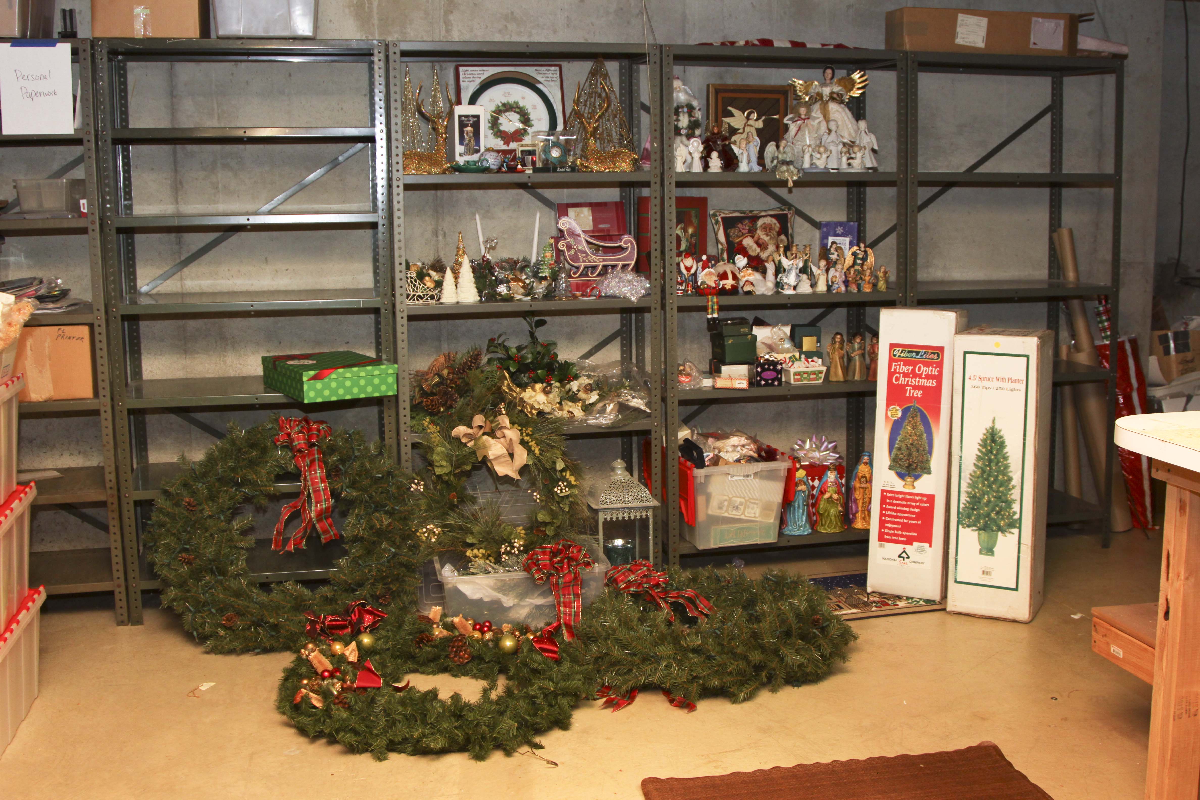 Large Christmas Decor Lot Including Two Pre-Lit Trees and Wreathes