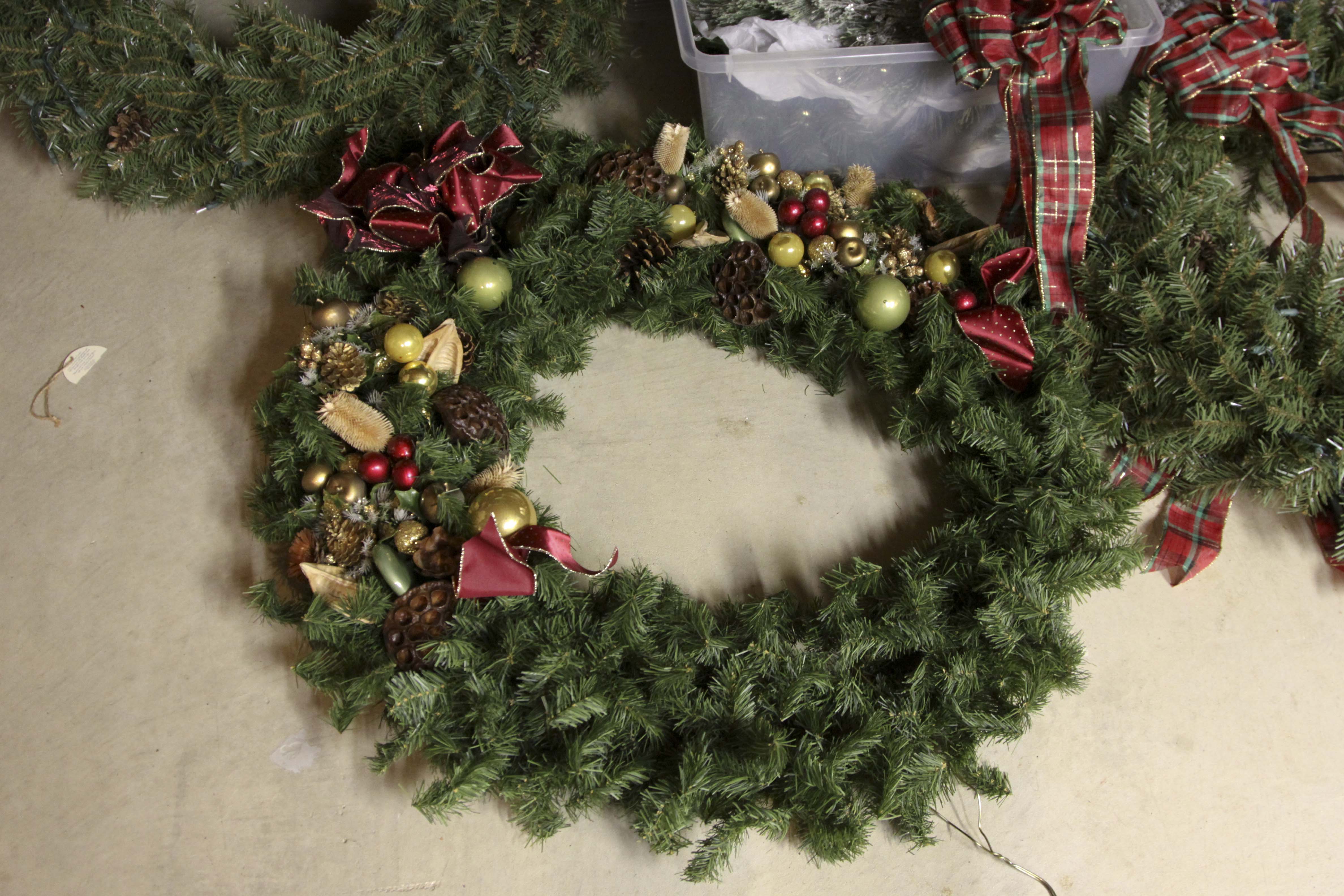 Large Christmas Decor Lot Including Two Pre-Lit Trees and Wreathes
