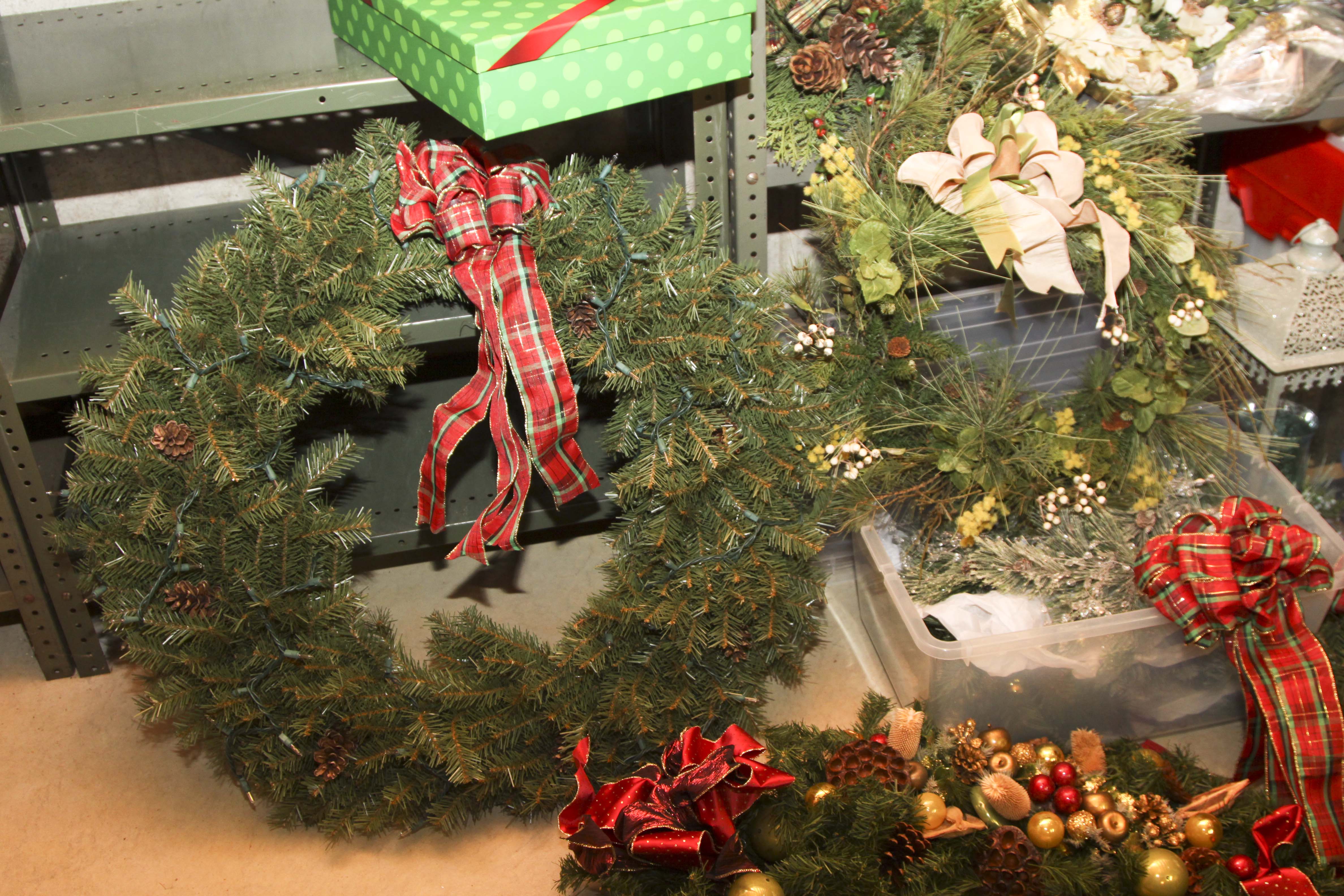 Large Christmas Decor Lot Including Two Pre-Lit Trees and Wreathes