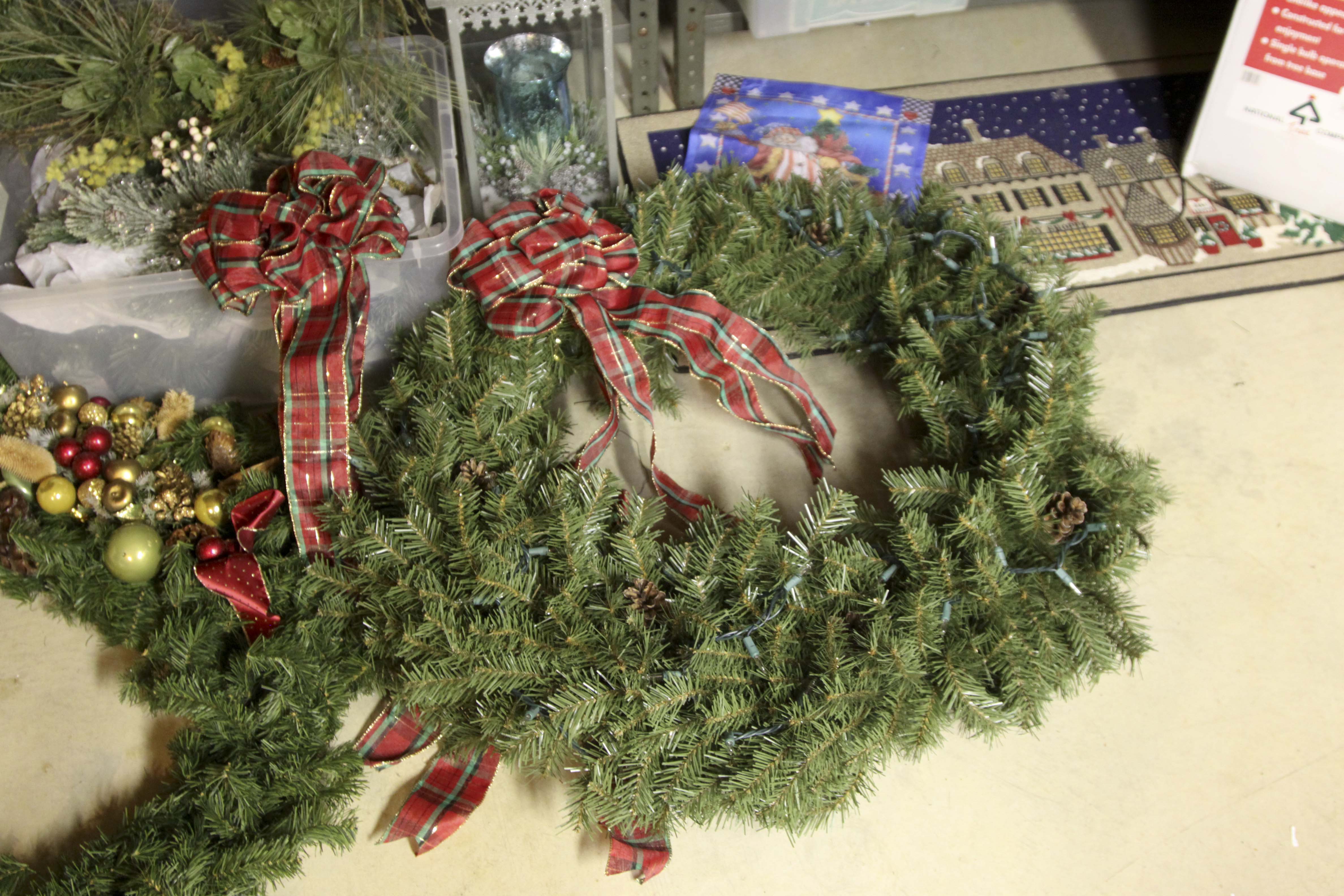 Large Christmas Decor Lot Including Two Pre-Lit Trees and Wreathes