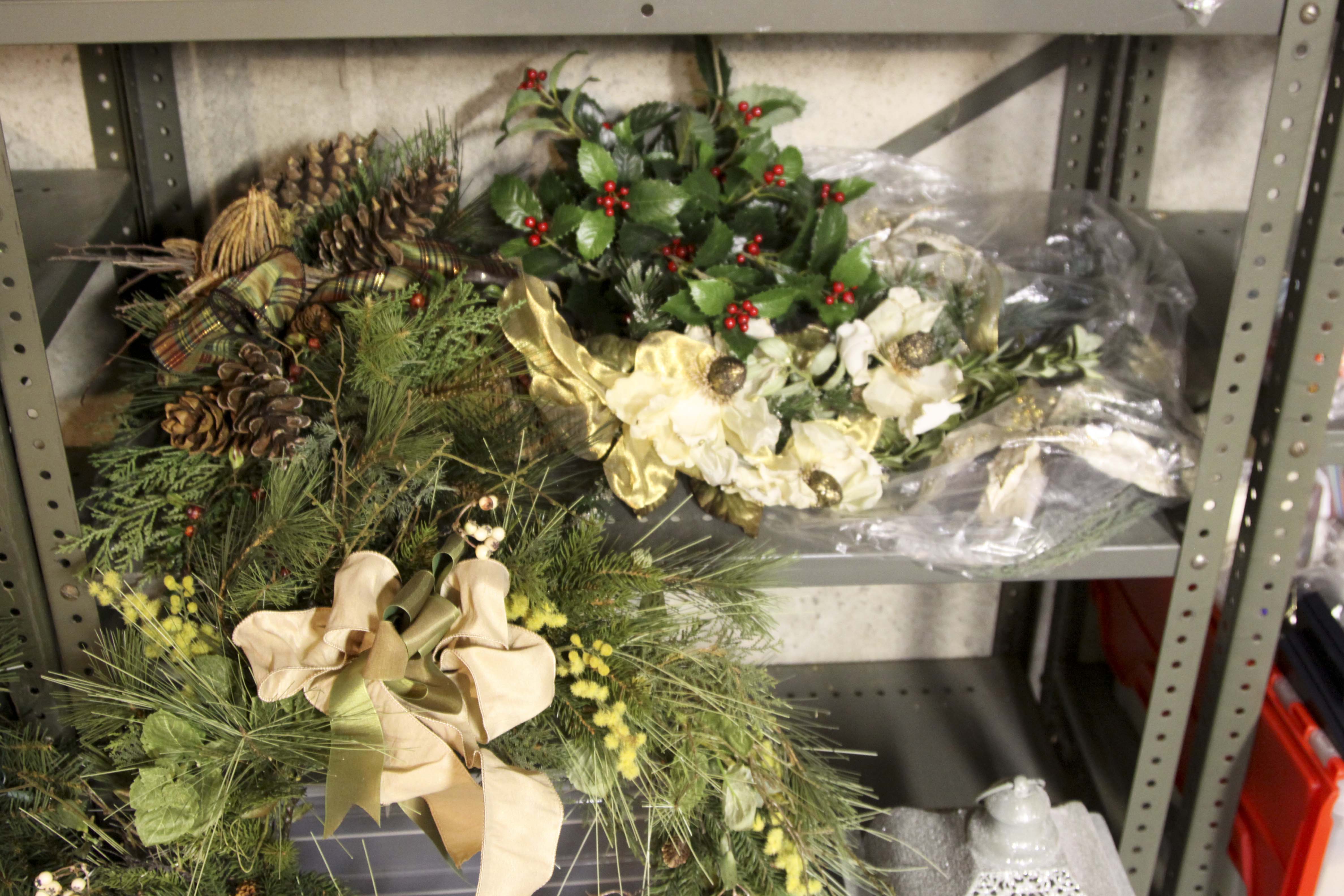 Large Christmas Decor Lot Including Two Pre-Lit Trees and Wreathes