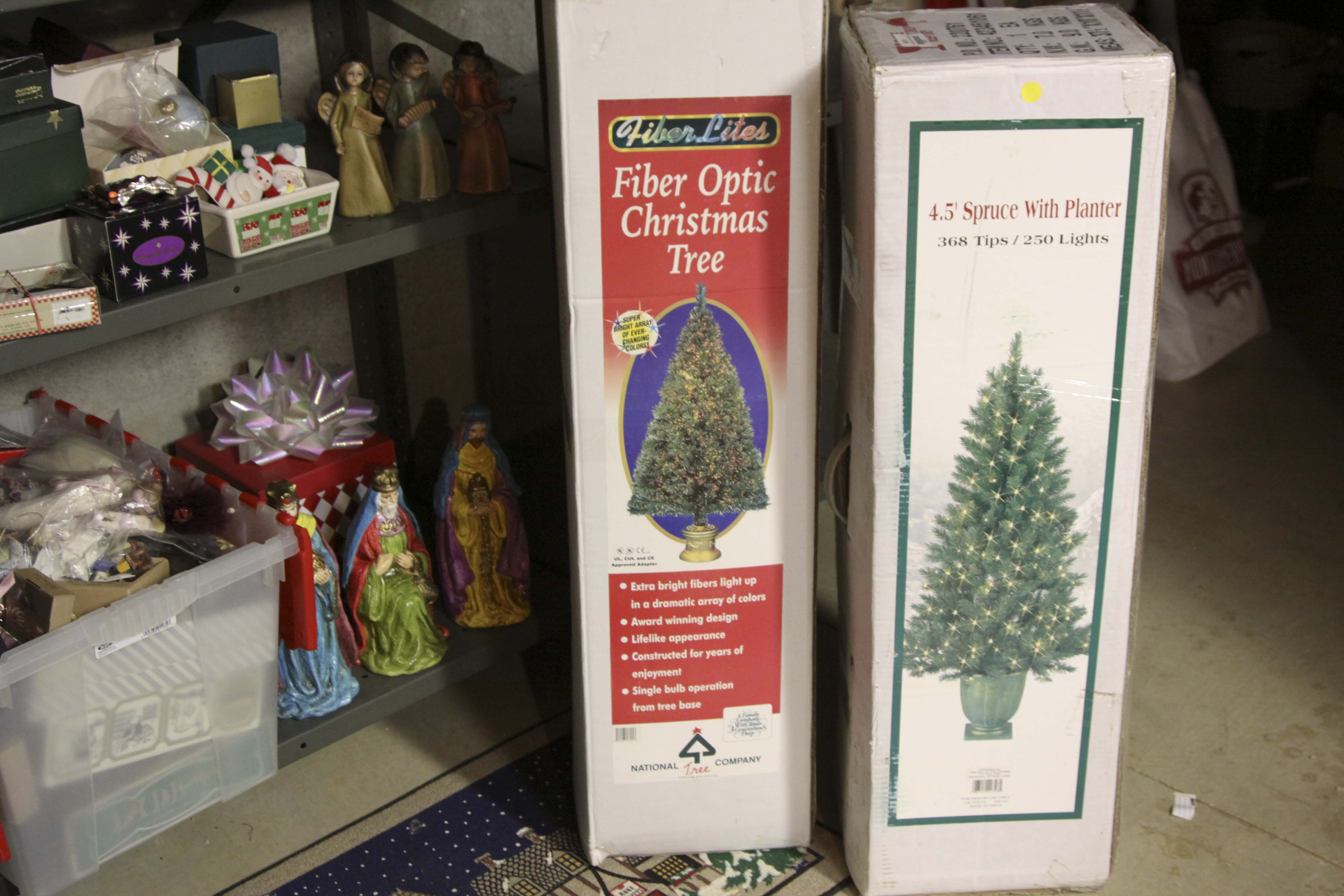 Large Christmas Decor Lot Including Two Pre-Lit Trees and Wreathes