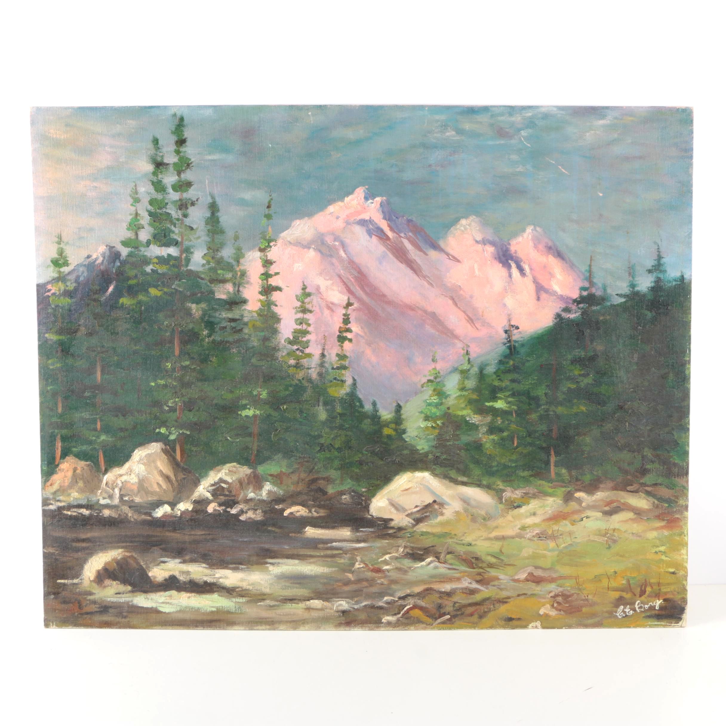 C.E. Borg Oil on Canvas Board "The Majestic Grand Tetons"