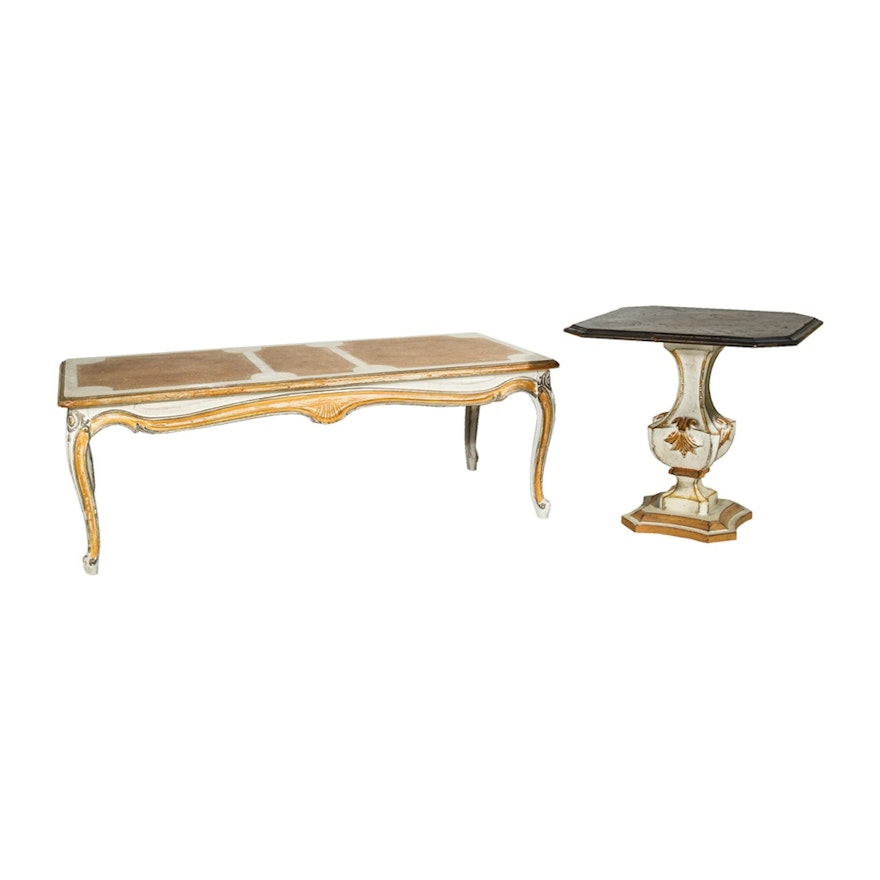 Florentine Style Gilt and Painted Coffee Table with Matching End Table