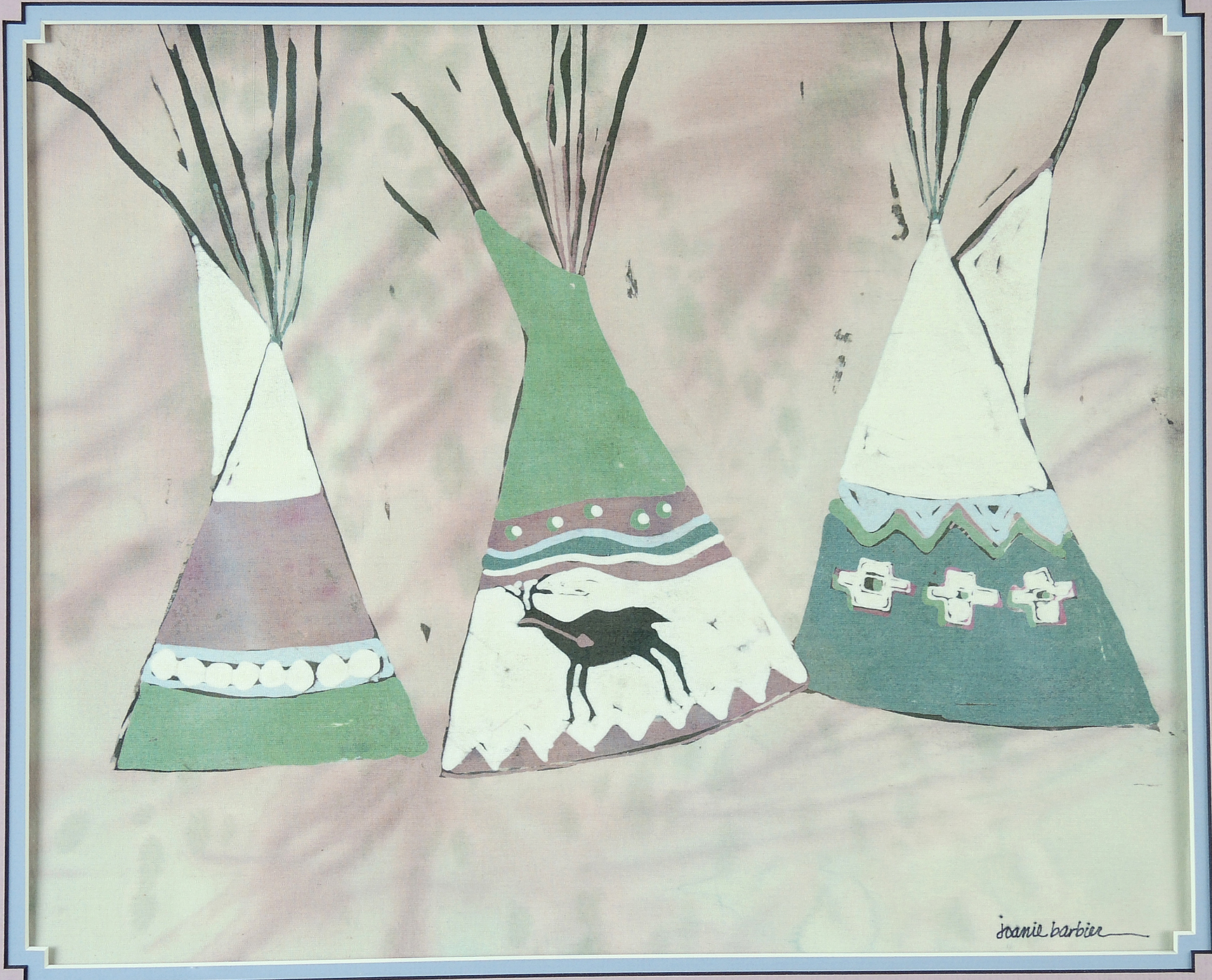 Framed Native American-Inspired Batik Art on Cloth Signed by Artists