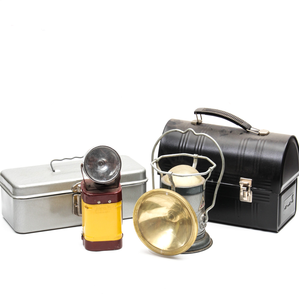 Mid Century Lanterns, Flashlight and Metal Box Assortment