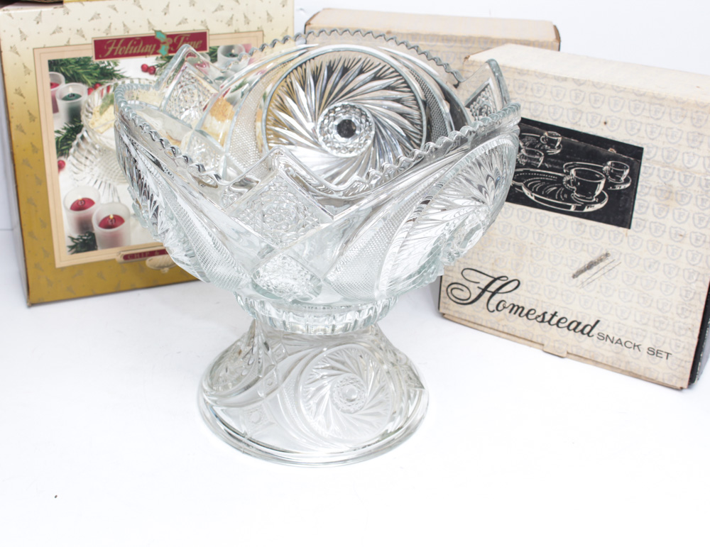 Cut Glass Punch Bowl With Accessories