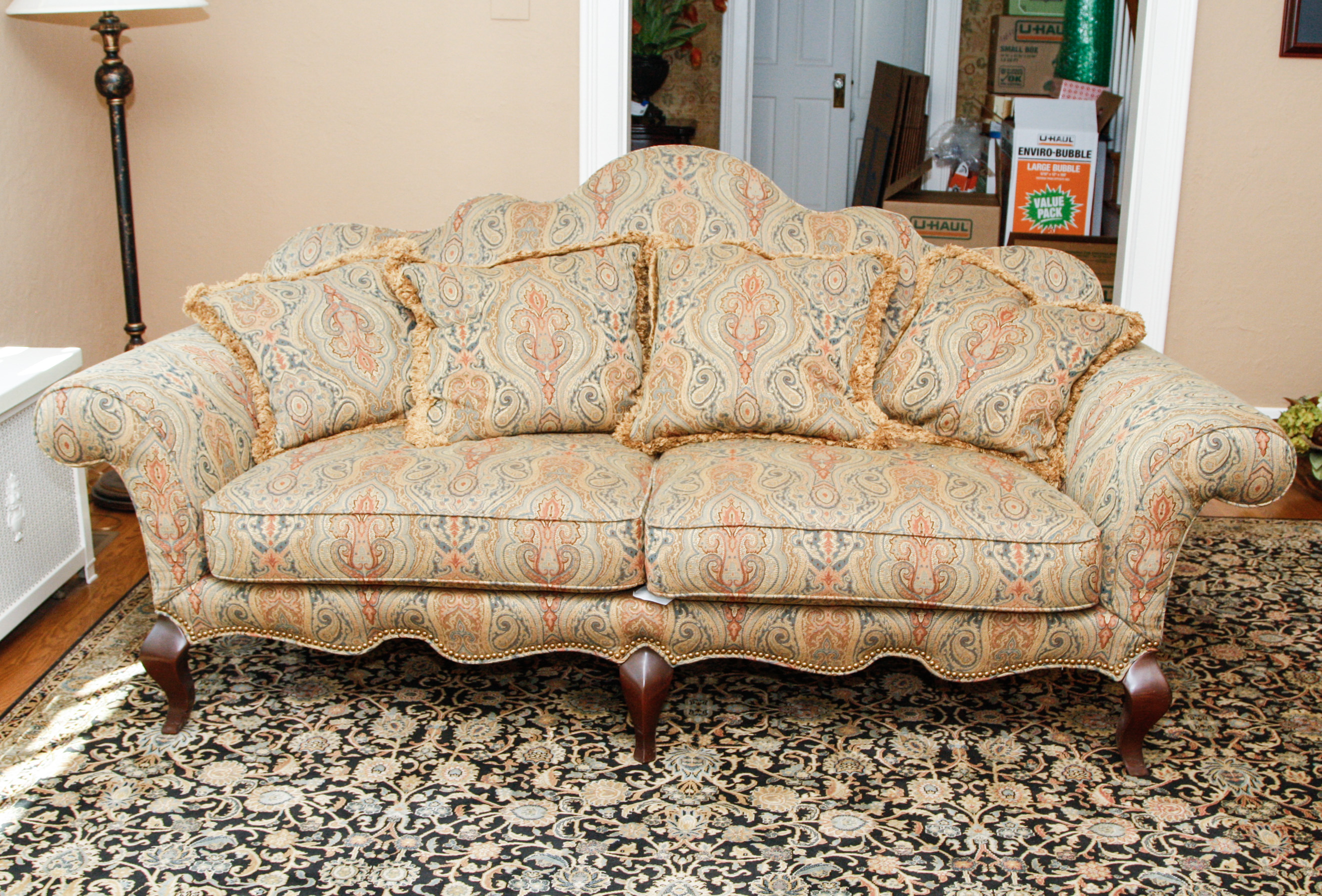 Hickory White Upholstered Camelback Sofa