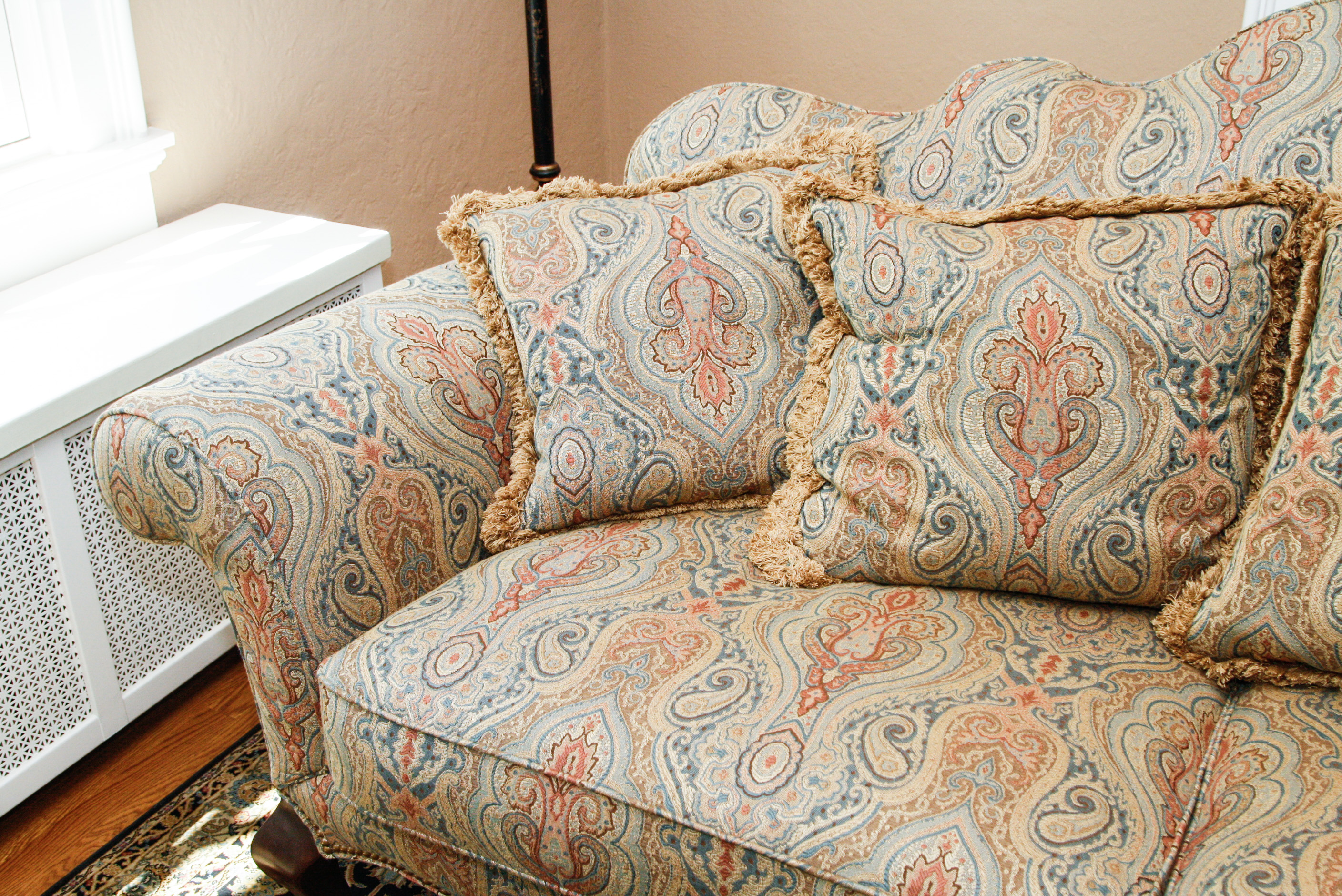 Hickory White Upholstered Camelback Sofa