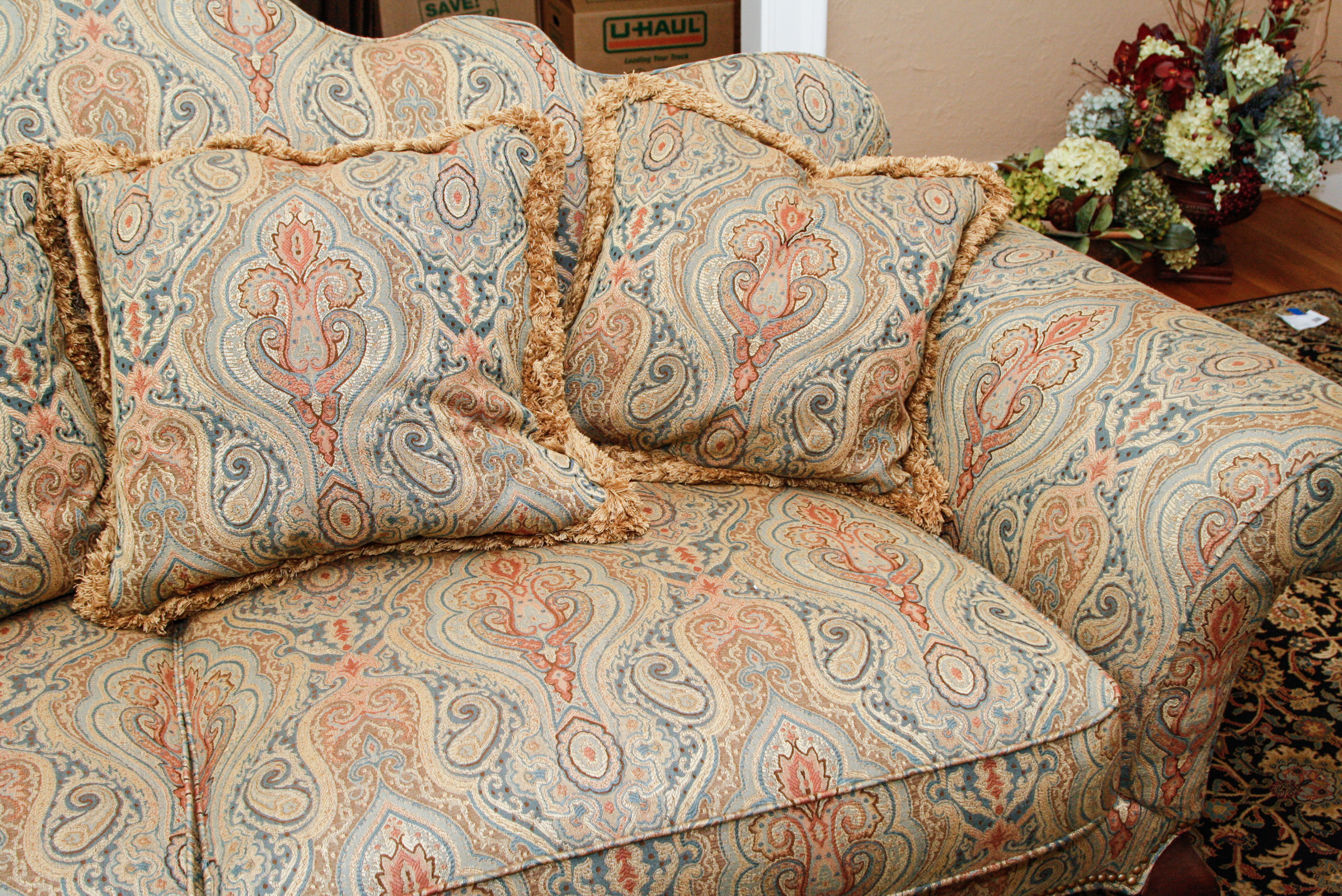 Hickory White Upholstered Camelback Sofa