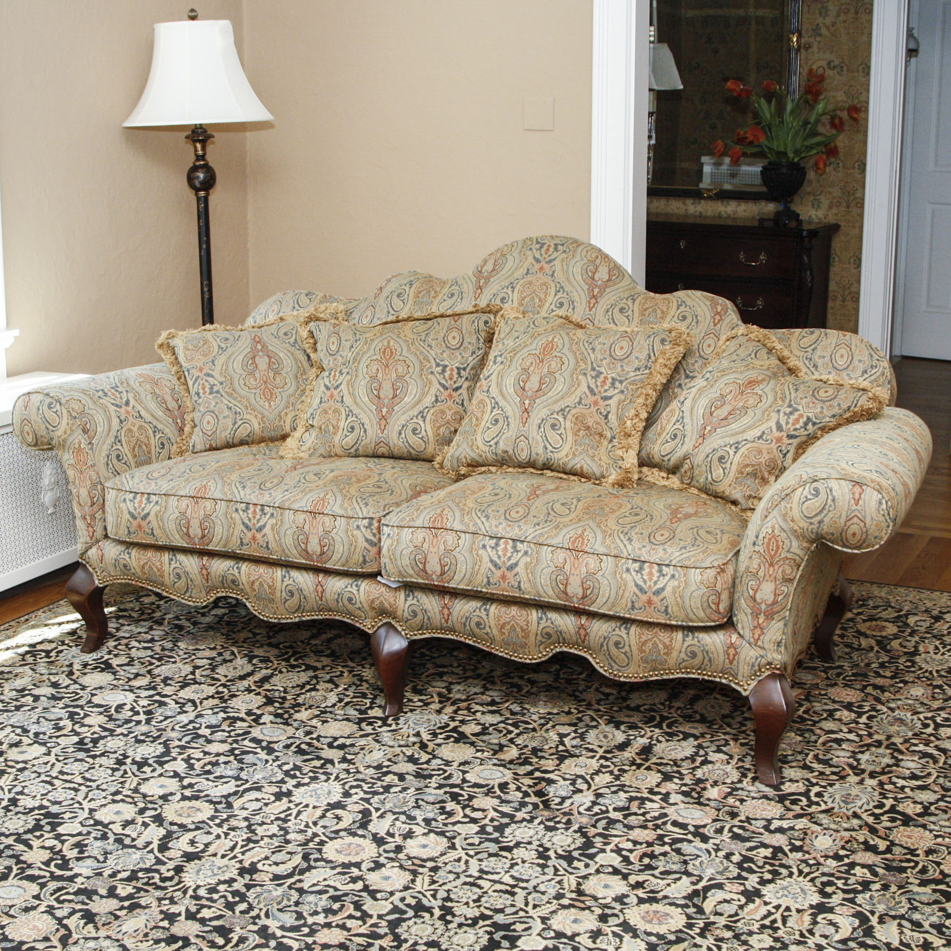 Hickory White Upholstered Camelback Sofa
