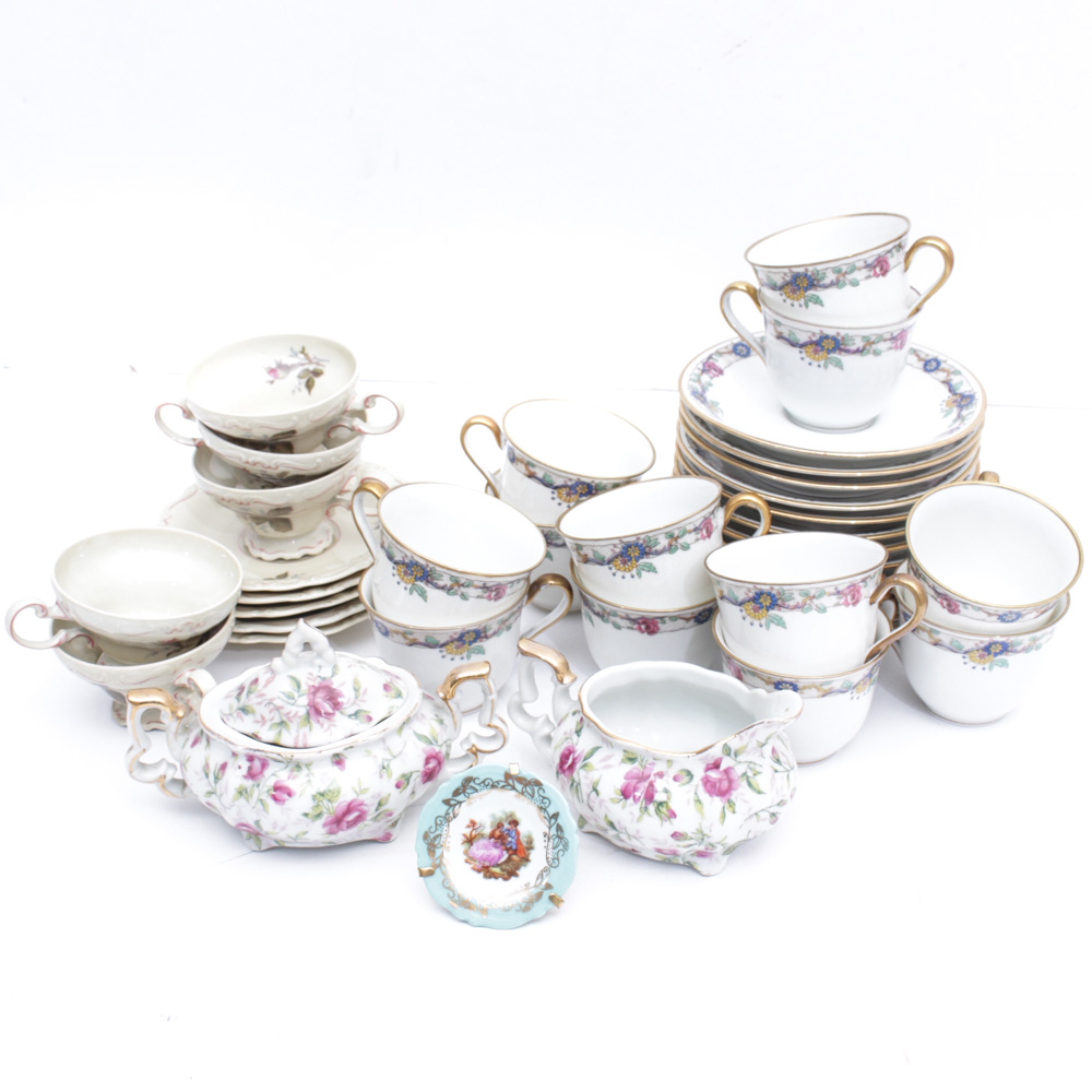 Porcelain Assortment  Featuring Rosenthal "Moss Rose" Tea Cups