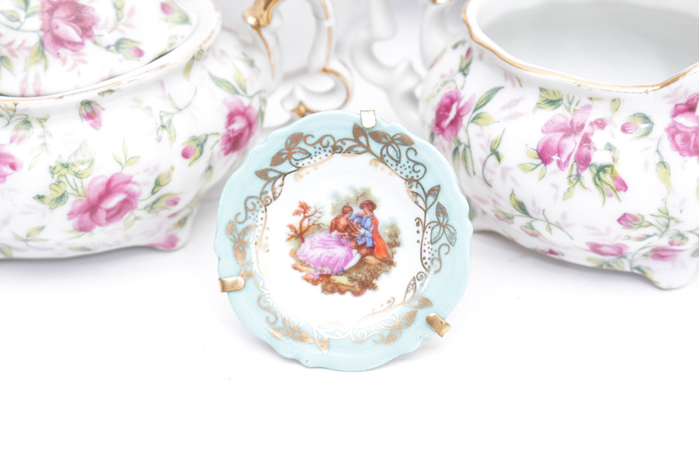 Porcelain Assortment  Featuring Rosenthal "Moss Rose" Tea Cups