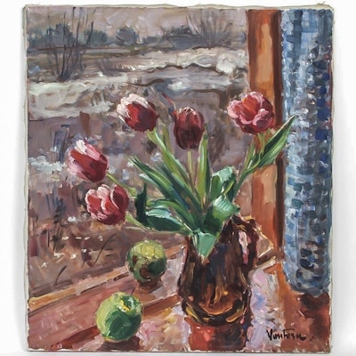 Mogens Christian Vantore Oil Painting on Canvas "Still Life of Tulips" Mogens Christian Vantore Oil Painting on Canvas "Still Life of Tulips"