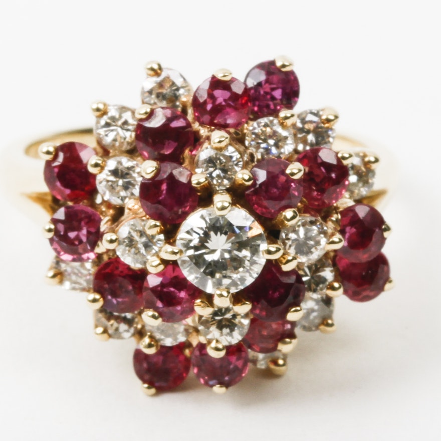 14K Yellow Gold, Ruby, and Diamond Cluster Ring