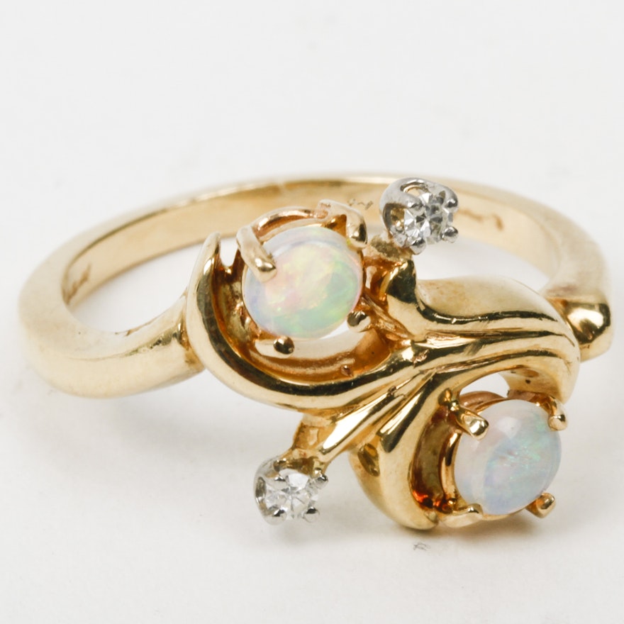 14K Yellow Gold, Opal, and Diamond Bypass Ring