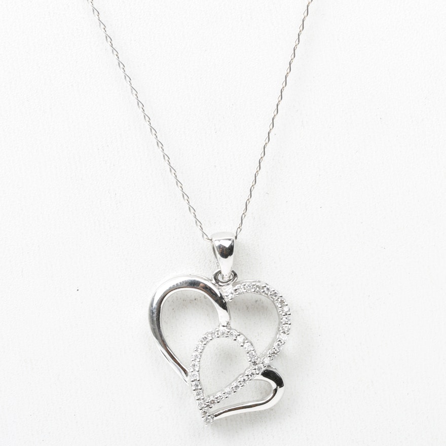 14K White Gold and Diamond Double Heart Pendant with 18K Chain