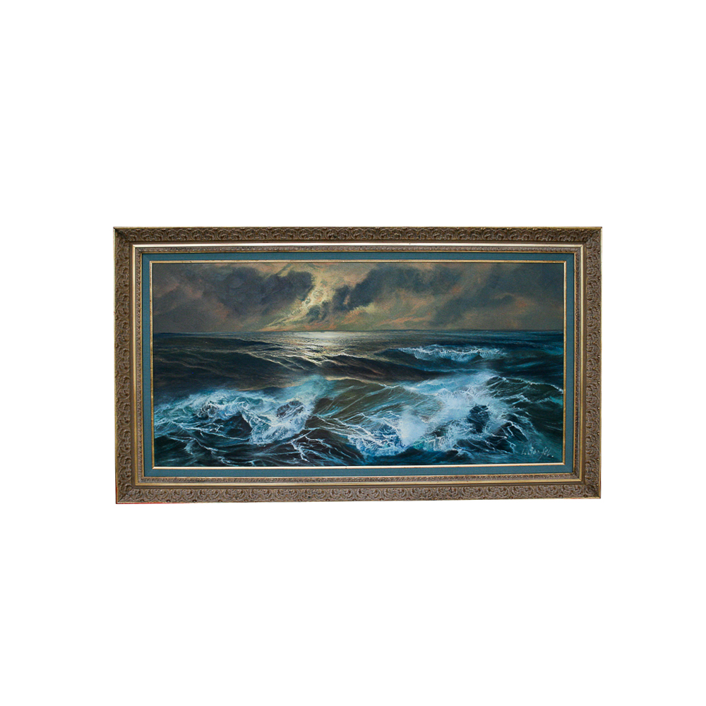 Framed Oil Painting of Crashing Waves